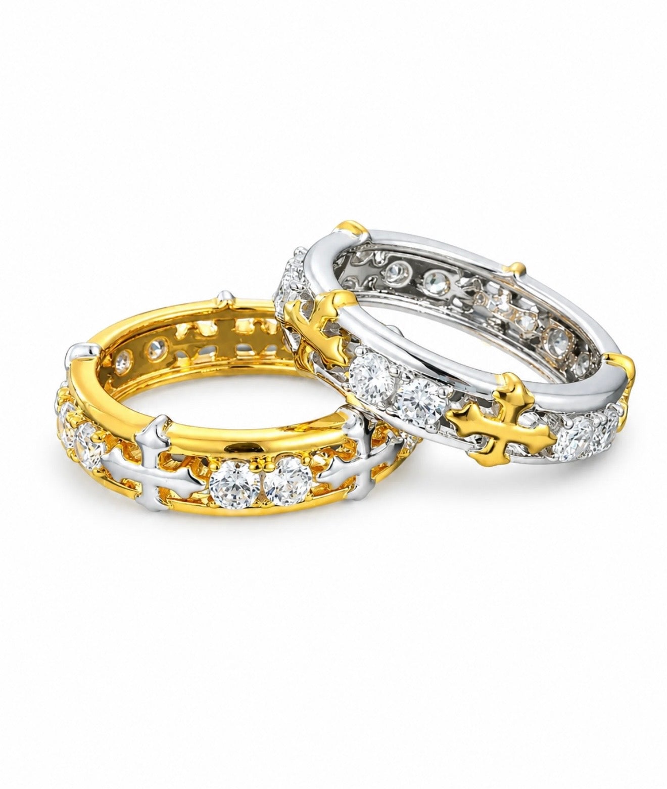 GELATI’S EXCLUSIVE GOLDEN CROSS VVS1 MOISSANITE DIAMOND RING IN SOLID 925 SILVER & 18K VERMEIL GOLD INLAY
