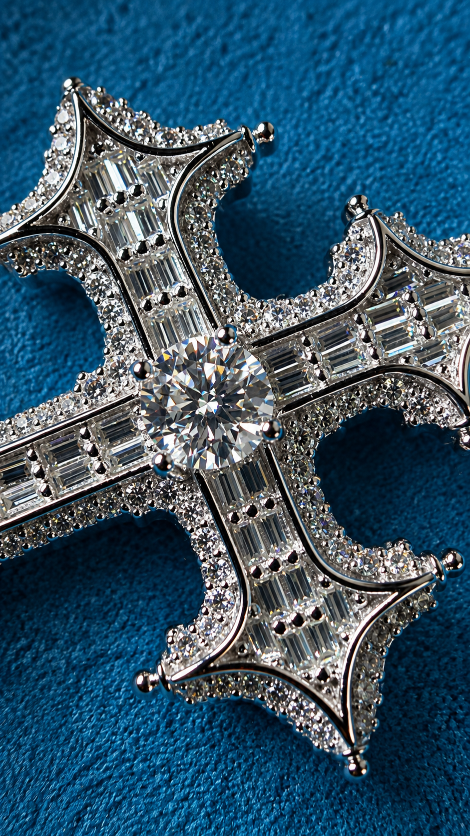 THE LAST SAINT BAGUETTE CROSS | FL-IF LAB MOISSANITE DIAMONDS IN 925 STERLING SILVER & 18K VERMEIL GOLD