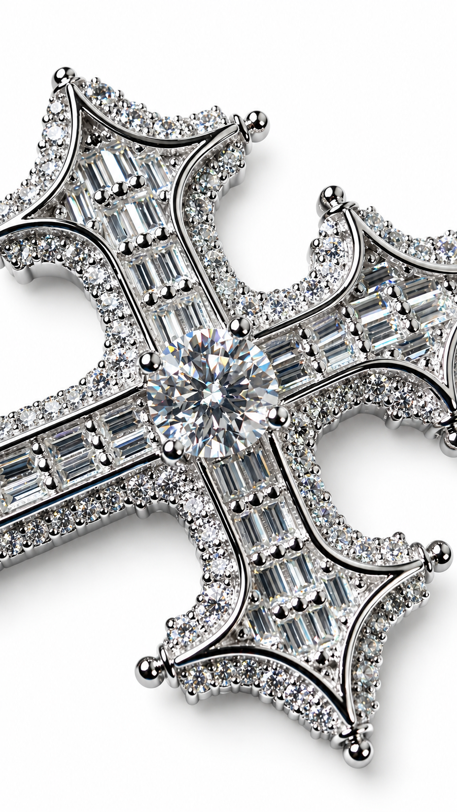 THE LAST SAINT BAGUETTE CROSS | FL-IF LAB MOISSANITE DIAMONDS IN 925 STERLING SILVER & 18K VERMEIL GOLD