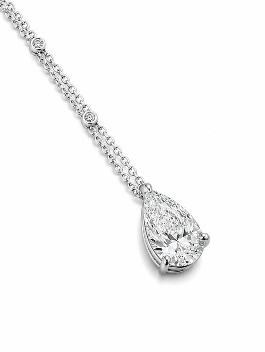 “CELESTE” PEAR CUT DIAMOND NECKLACE – 3CTW FL-IF MOISSANITE 925 SILVER & 18K WHITE VERMEIL