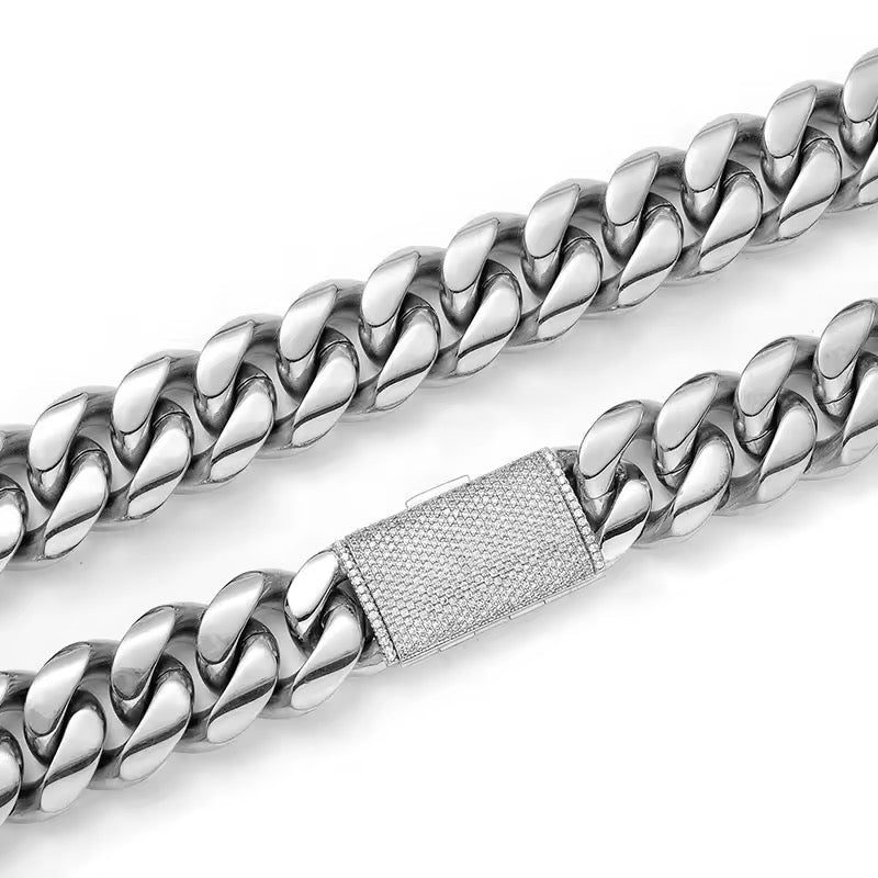 Steel Diamond Lock Miami Cuban Necklace – DVVS1 Moissanite & 18K Vermeil