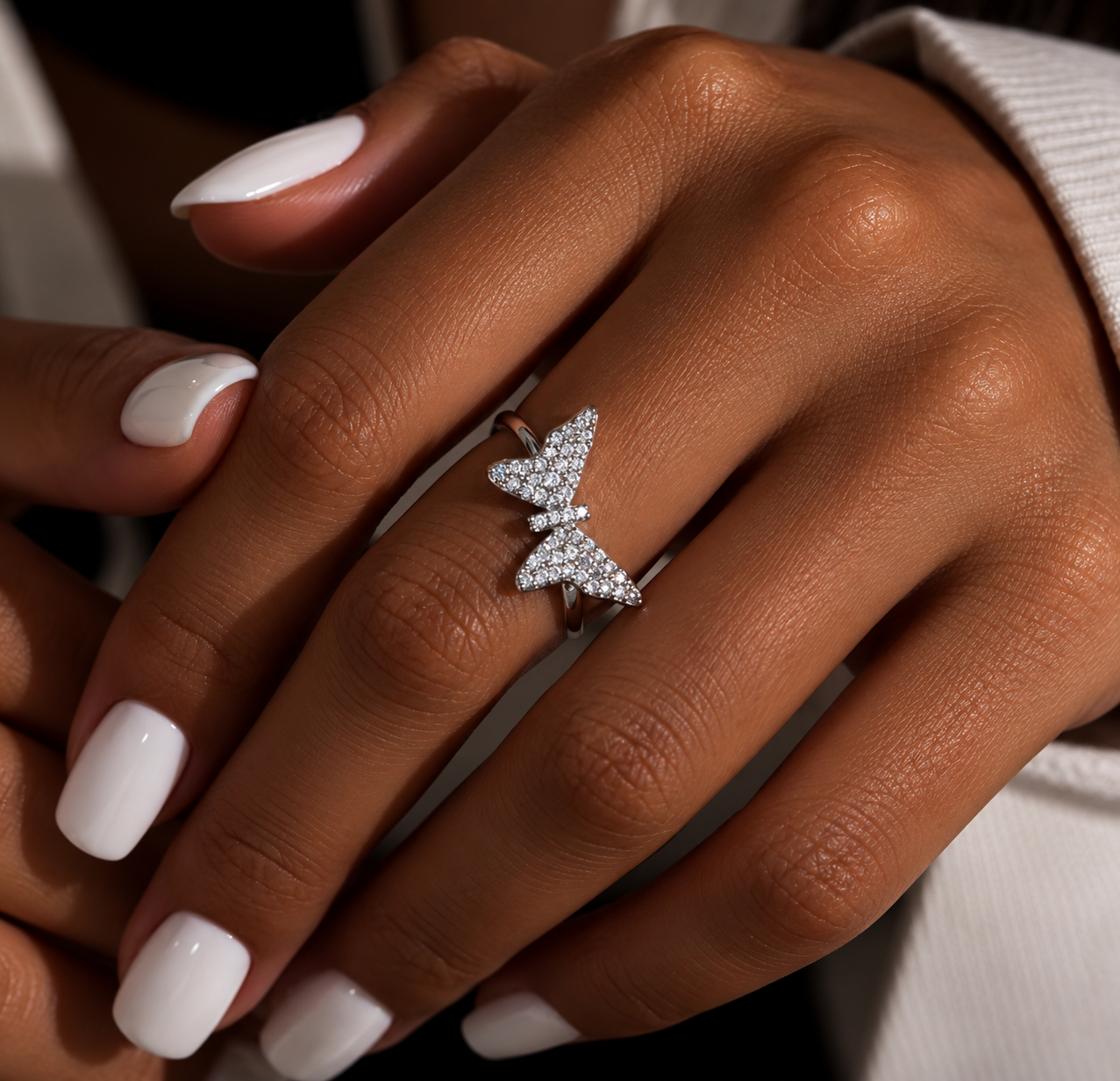 BUTTERFLY RIBBON DIAMOND RING | FL-IF LAB MOISSANITE | 925 SOLID STERLING SILVER | 18k White Vermeil Gold