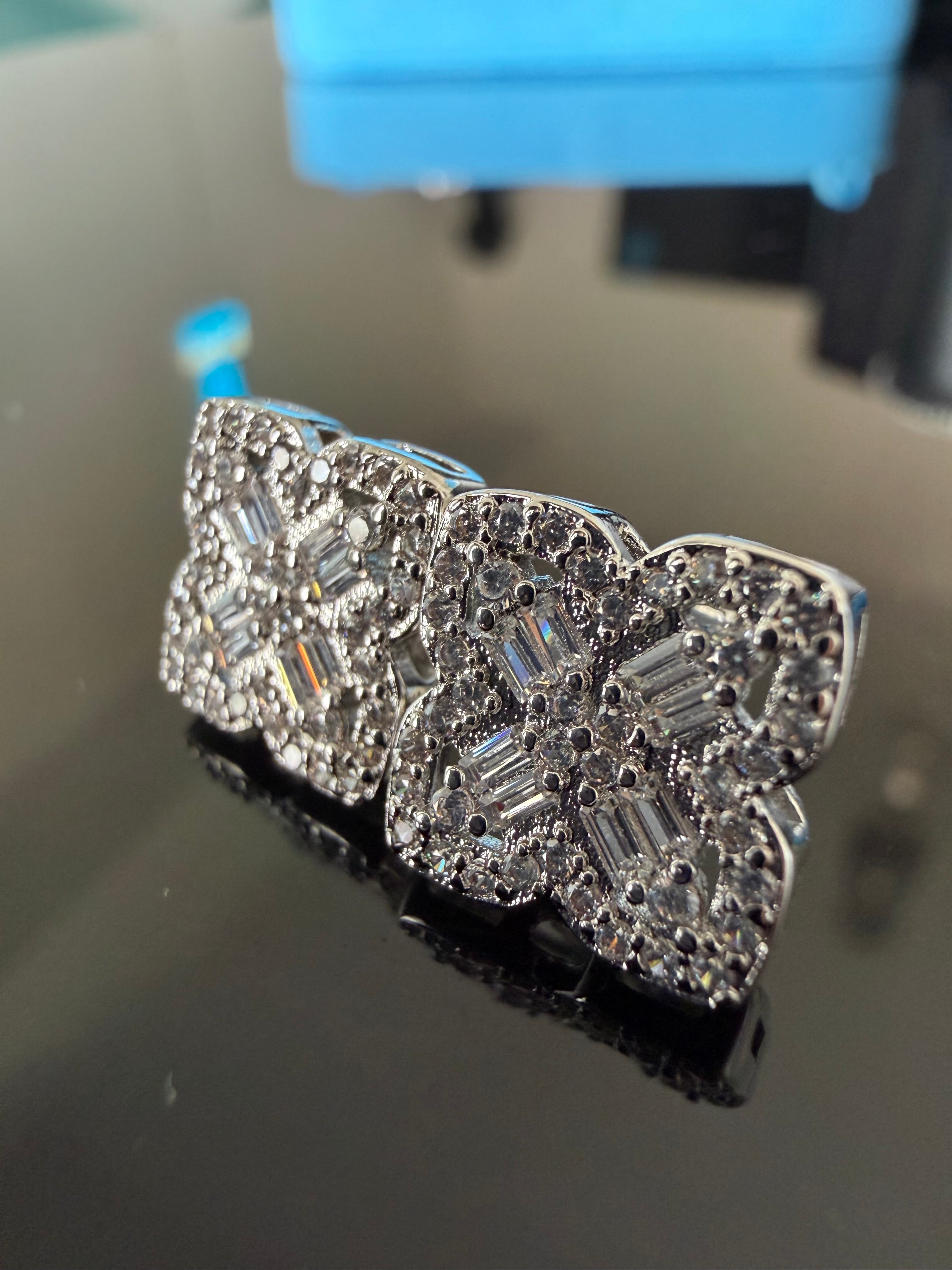 Gelati's FL-IF Lab Moissanite Diamond Baguette Clover Earrings in 925 Sterling Silver & 18K Vermeil White Gold