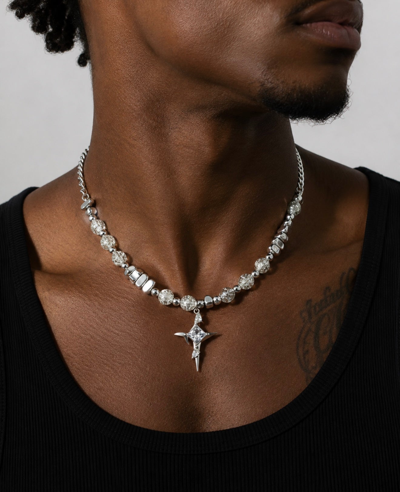 GELATI’S “DEATHSTAR” PENDANT NECKLACE IN STEEL & SYNTHETIC PEARLS