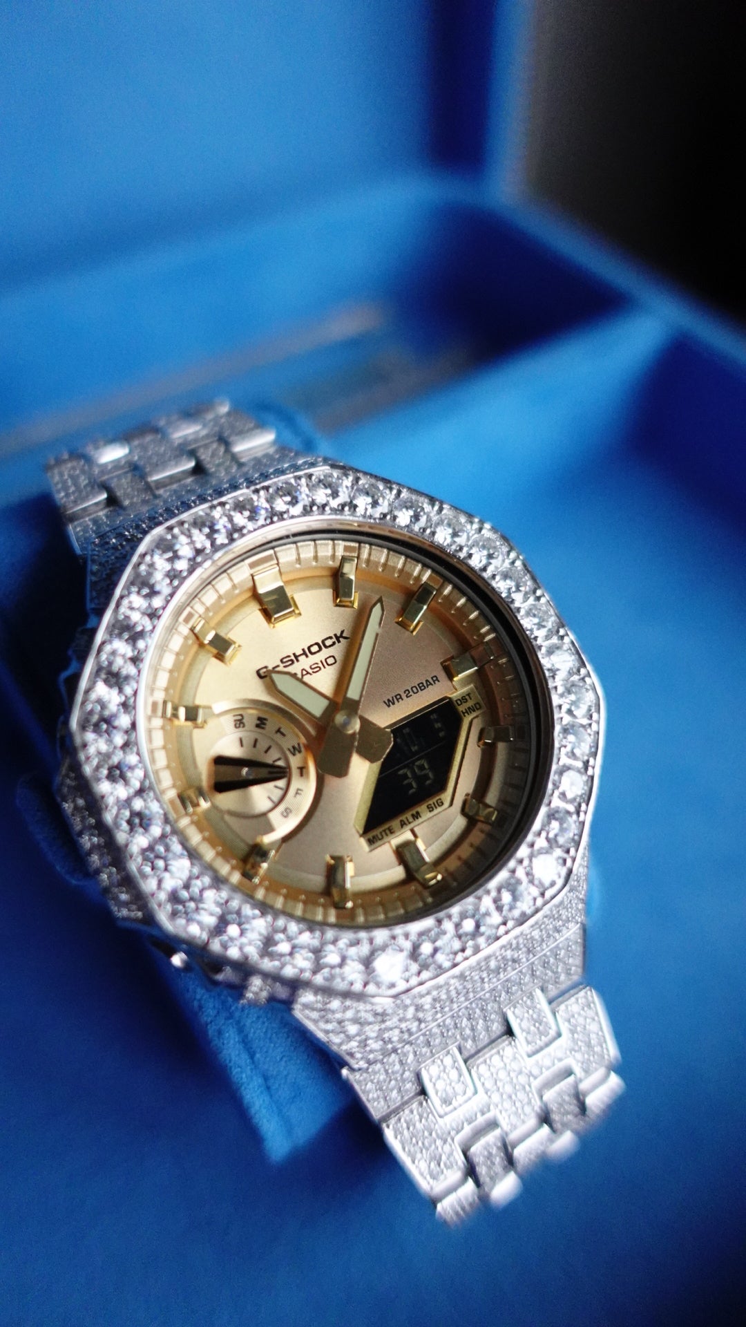 Gelati's Custom BussDown 35 CT G-shock In FL-Flawless Lab Moissanite Diamonds & Solid 925 Sterling silver and 18k Vermeil Gold - Limited Gold Dial Edition