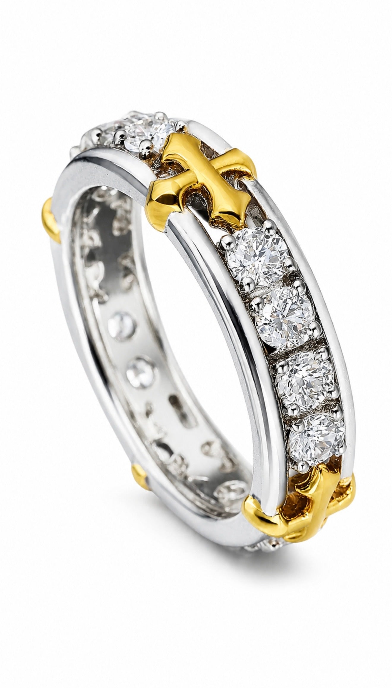 GELATI’S EXCLUSIVE GOLDEN CROSS VVS1 MOISSANITE DIAMOND RING IN SOLID 925 SILVER & 18K VERMEIL GOLD INLAY