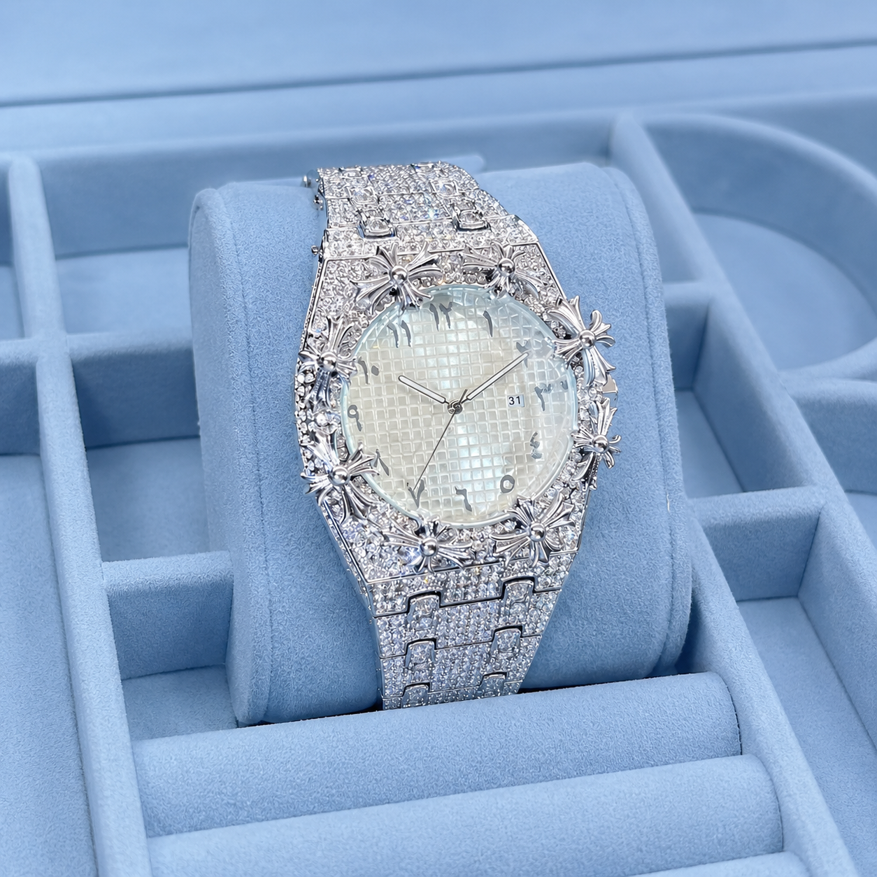 Gelati Chrome Cross Diamond Time Piece | Stainless Steel |18K Vermeil & Carbon Diamonds