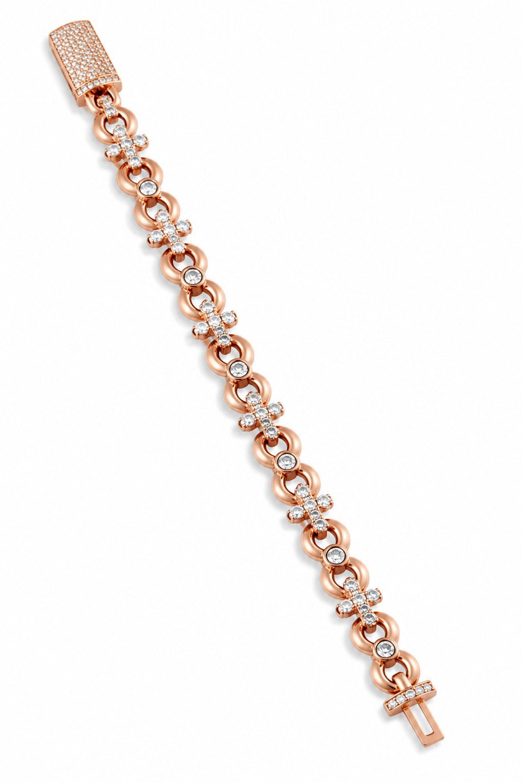 IMMORTAL INFINITY LINK & CROSS BRACELET – FL–IF MOISSANITE, ROSE VERMEIL & 925 SILVER