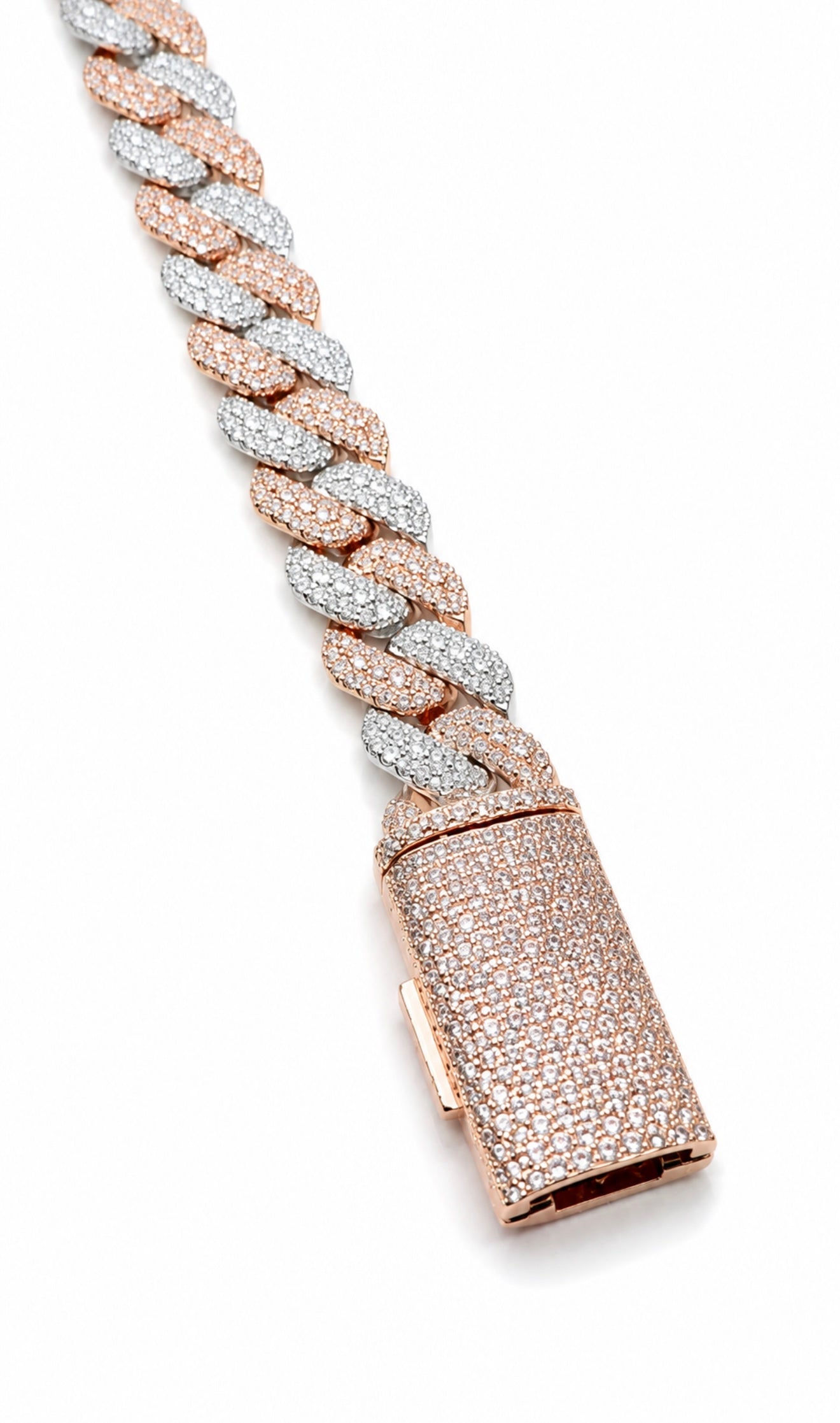 SIGNATURE MOSAIC TRI ROW SETTING TWO TONE CUBAN BRACELET – 12CTW FL-IF MOISSANITE, 925 SILVER & 18K VERMEIL