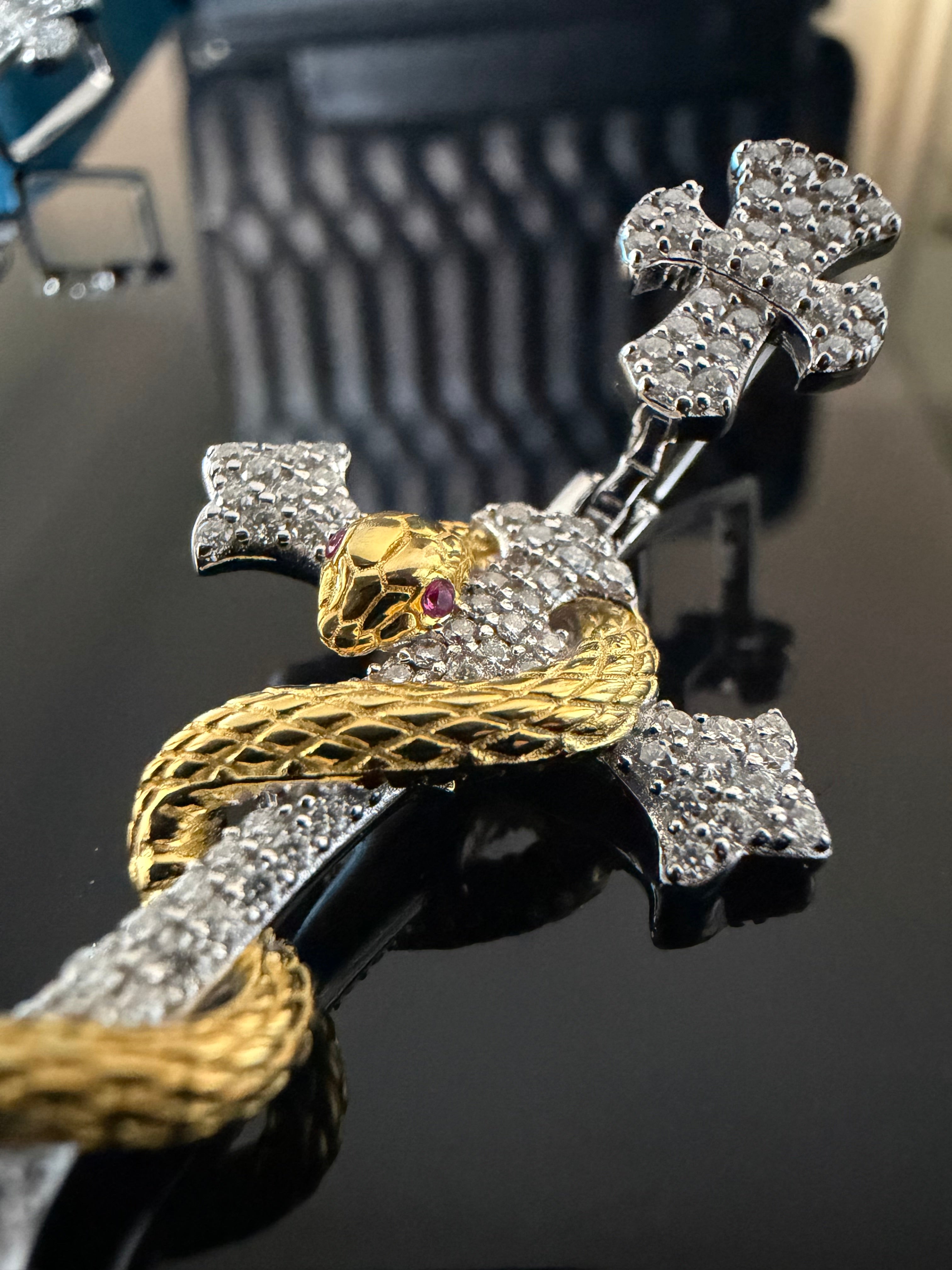 Gelati's Golden Viper Diamond Cross In Solid 925 Sterling Silver and 18k Vermeil Gold & FL-IF Lab Moissanite Diamonds + Free Silver Chain Included