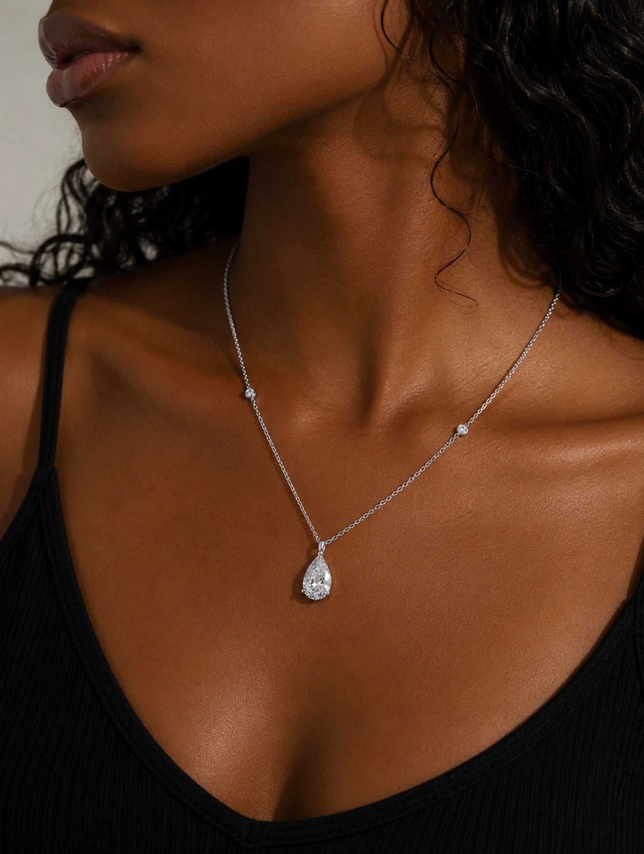 “CELESTE” PEAR CUT DIAMOND NECKLACE – 3CTW FL-IF MOISSANITE 925 SILVER & 18K WHITE VERMEIL