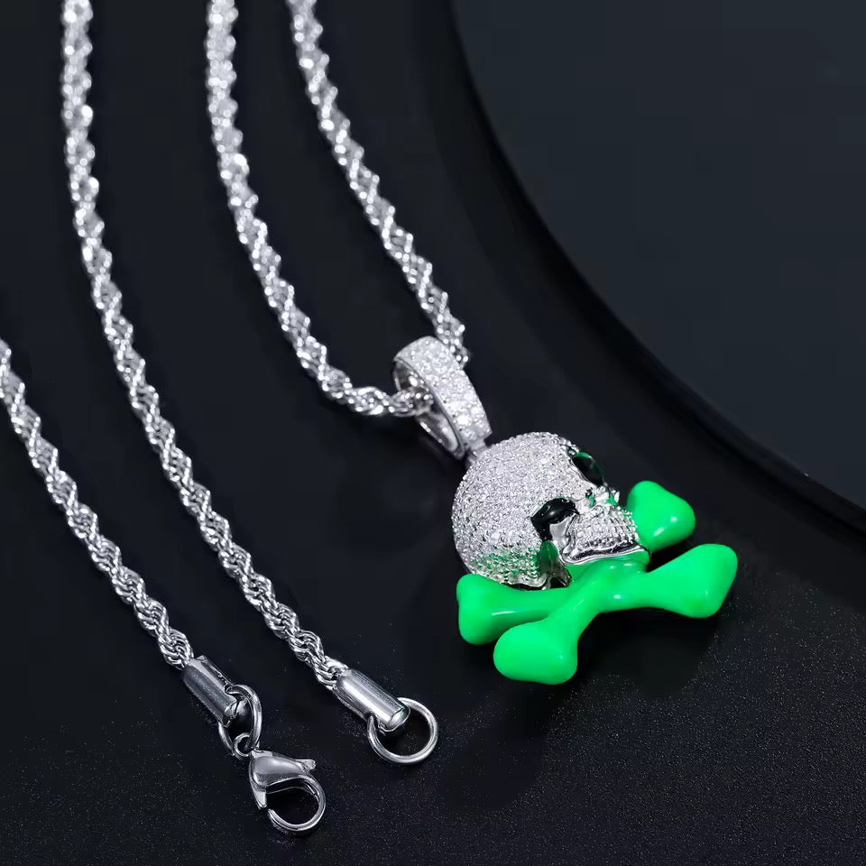 Gelati's Diamond Glow in the Dark Skull Pendant in 925 Sterling Silver & VVS1 Moissanite Diamonds
