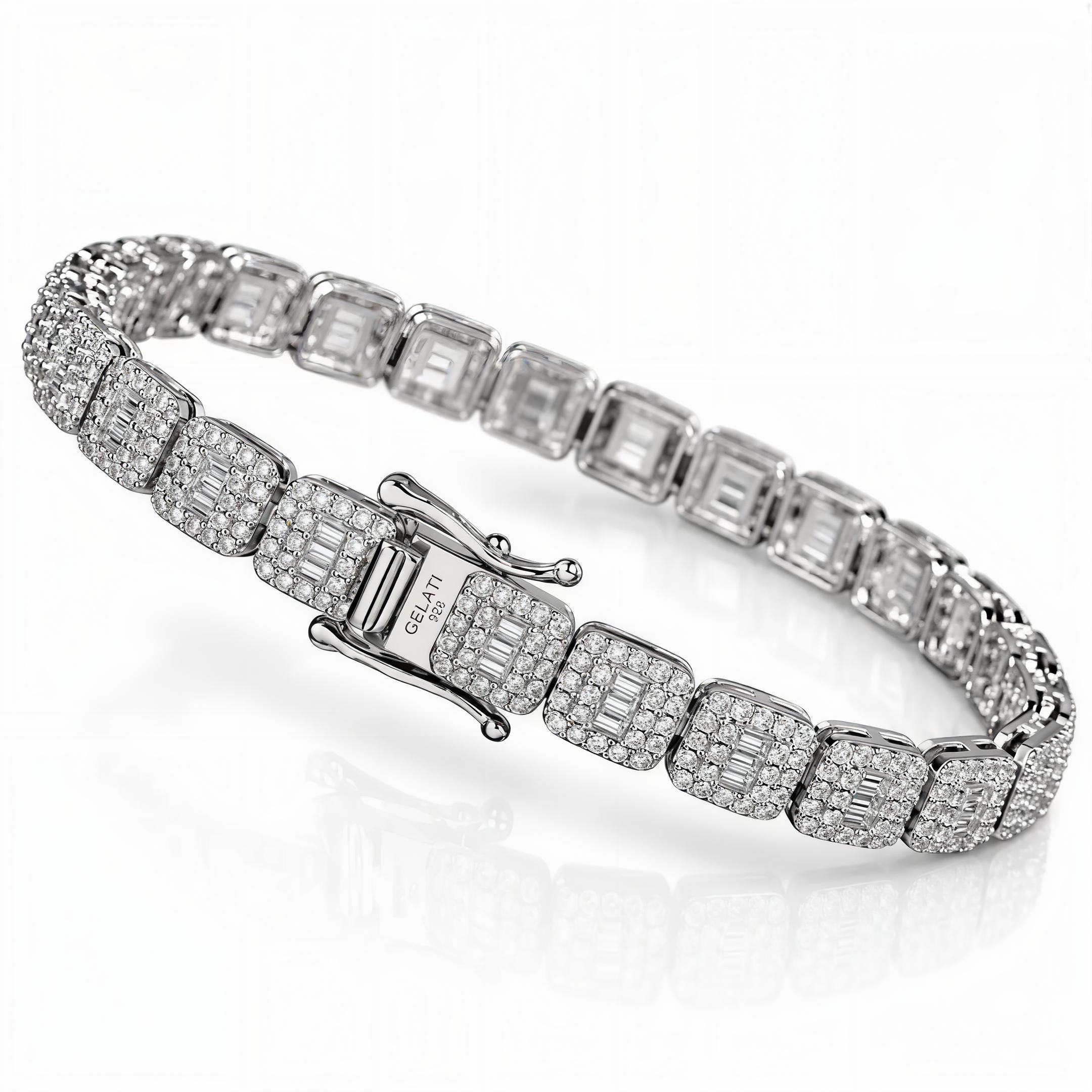 GELATI | BAGUETTE HALO DIAMOND BRACELET — 925 SILVER & 18K VERMEIL GOLD — FL-IF Lab Moissanite