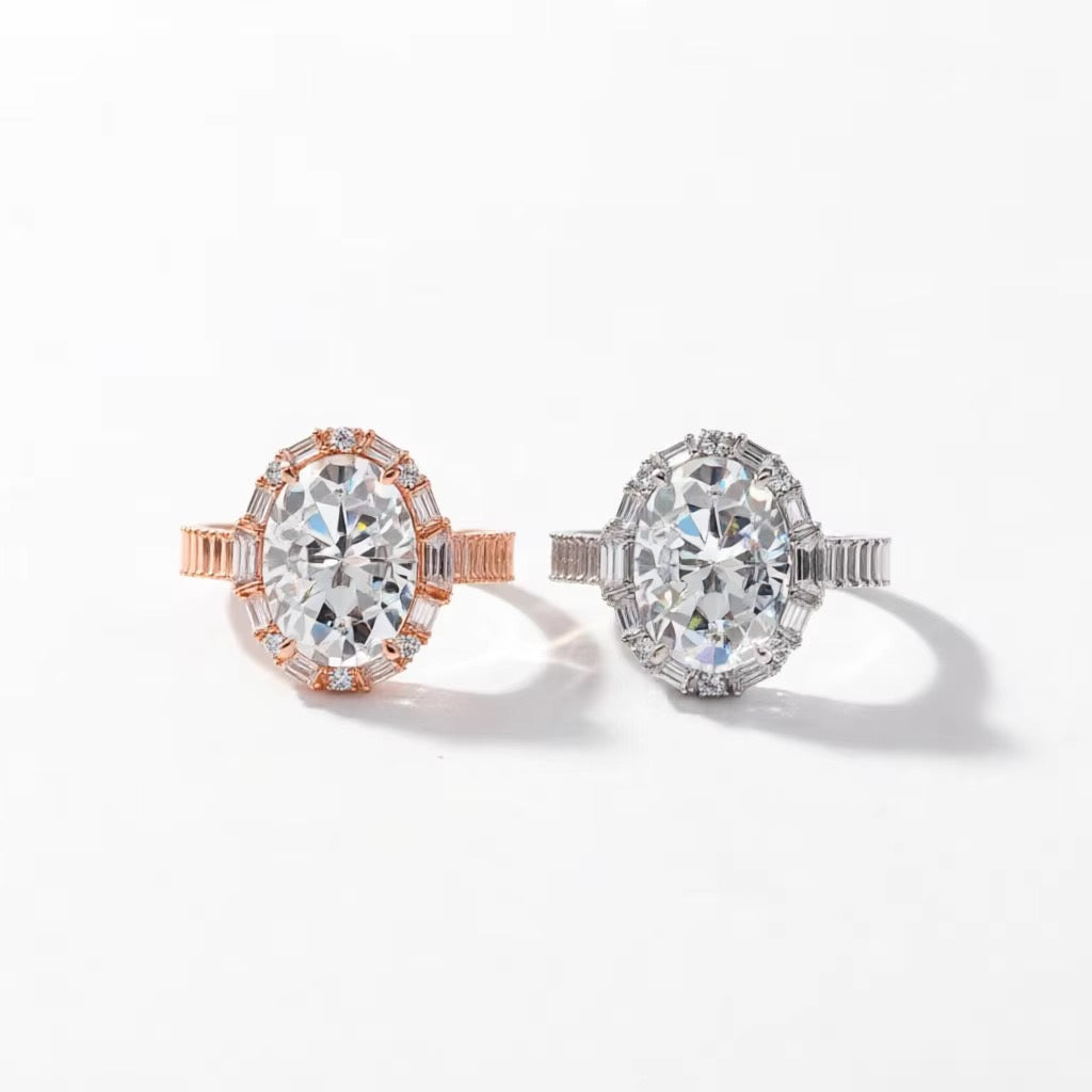 GELATI Chandelier Oval & Baguette Cut Diamond FL-IF Moissanite Ring | Solid 925 Sterling Silver & 18K Vermeil Gold