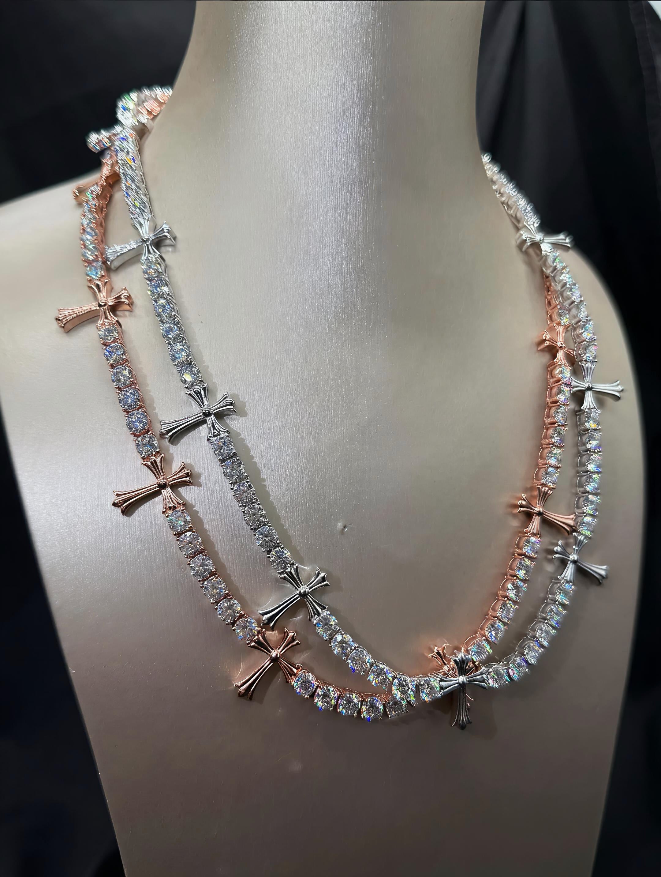 GELATI CHROME CROSS DIAMOND TENNIS NECKLACE |FL-IF FLAWLESS Lab Moissanite|925 STERLING SILVER | 18K VERMEIL GOLD