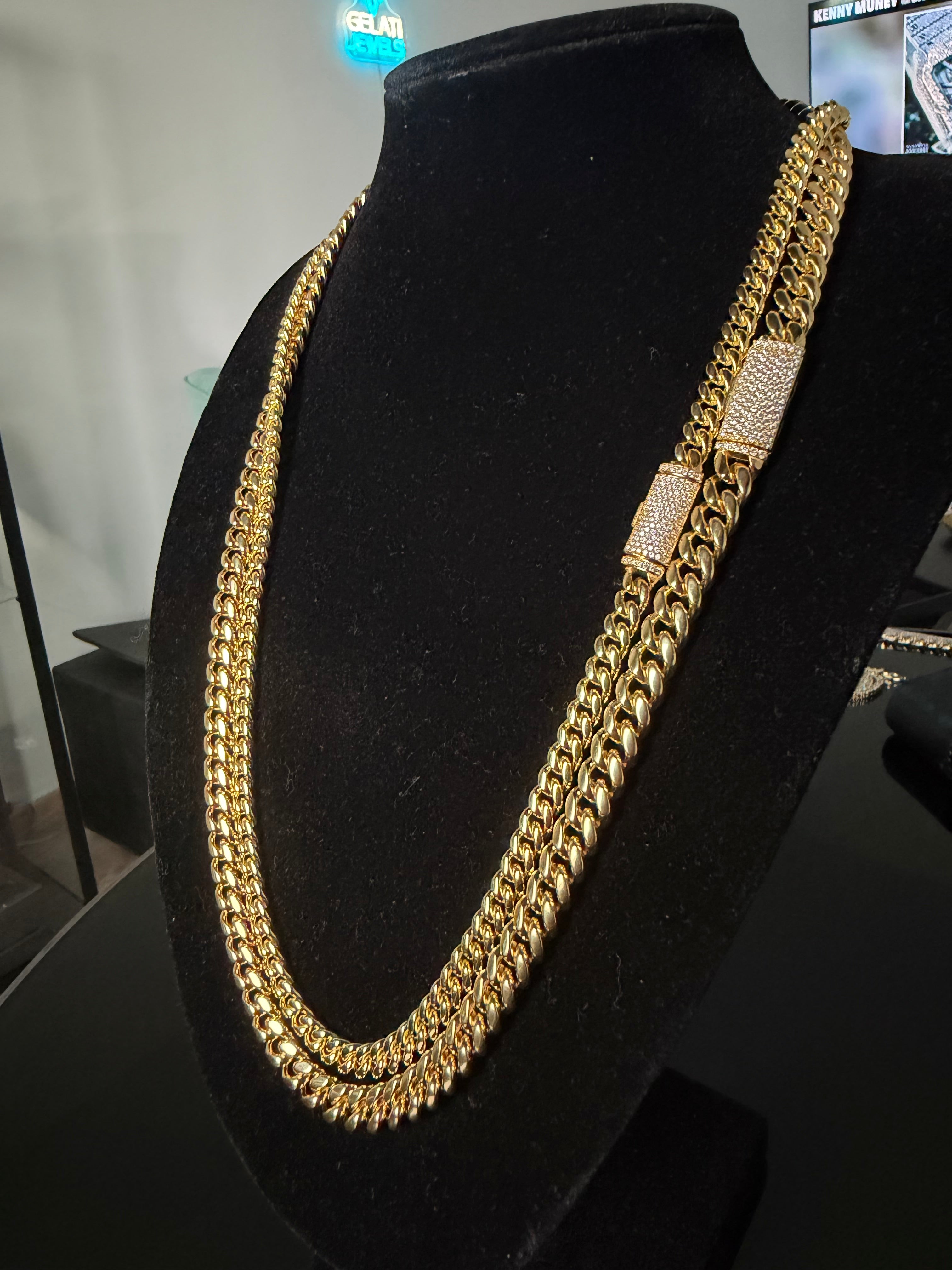 Gelati's 18K Vermeil Gold -DVVS1 Lab Moissanite Diamond Lock Miami Link Cuban Necklace in Solid 925 Sterling Silver & Titanium .