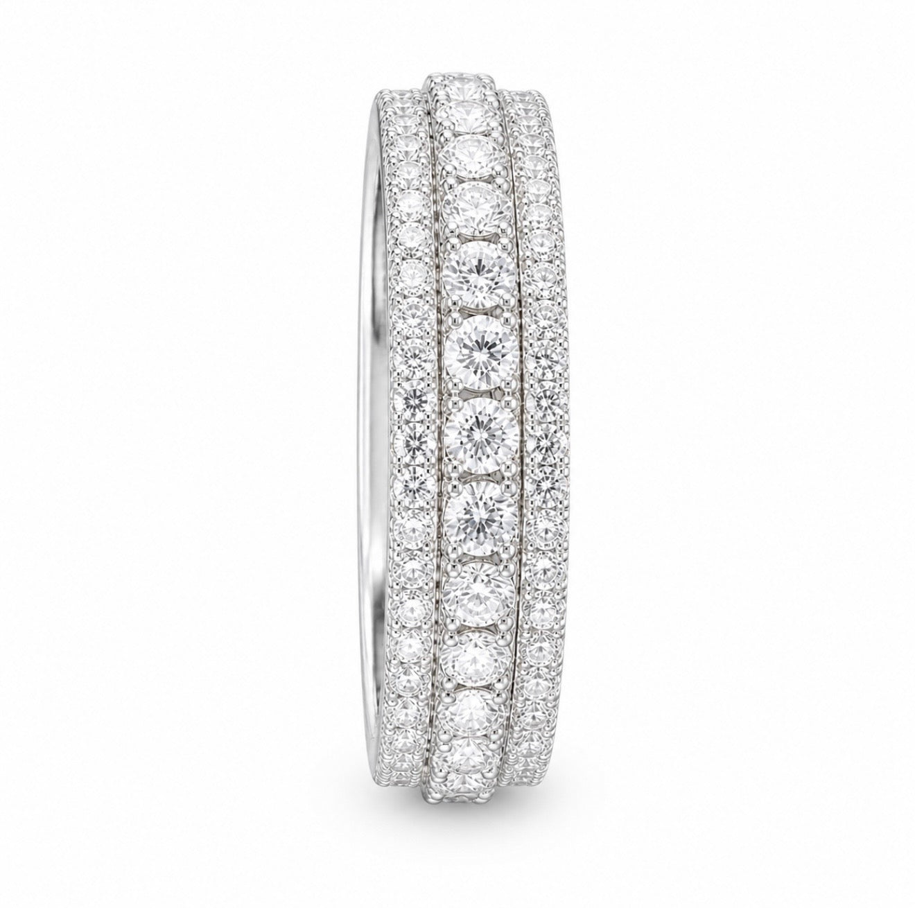 SOLARA TRI ROW ETERNITY BAND – 3CTW DVVS1/CB MOISSANITE, 925 SILVER & 18K VERMEIL
