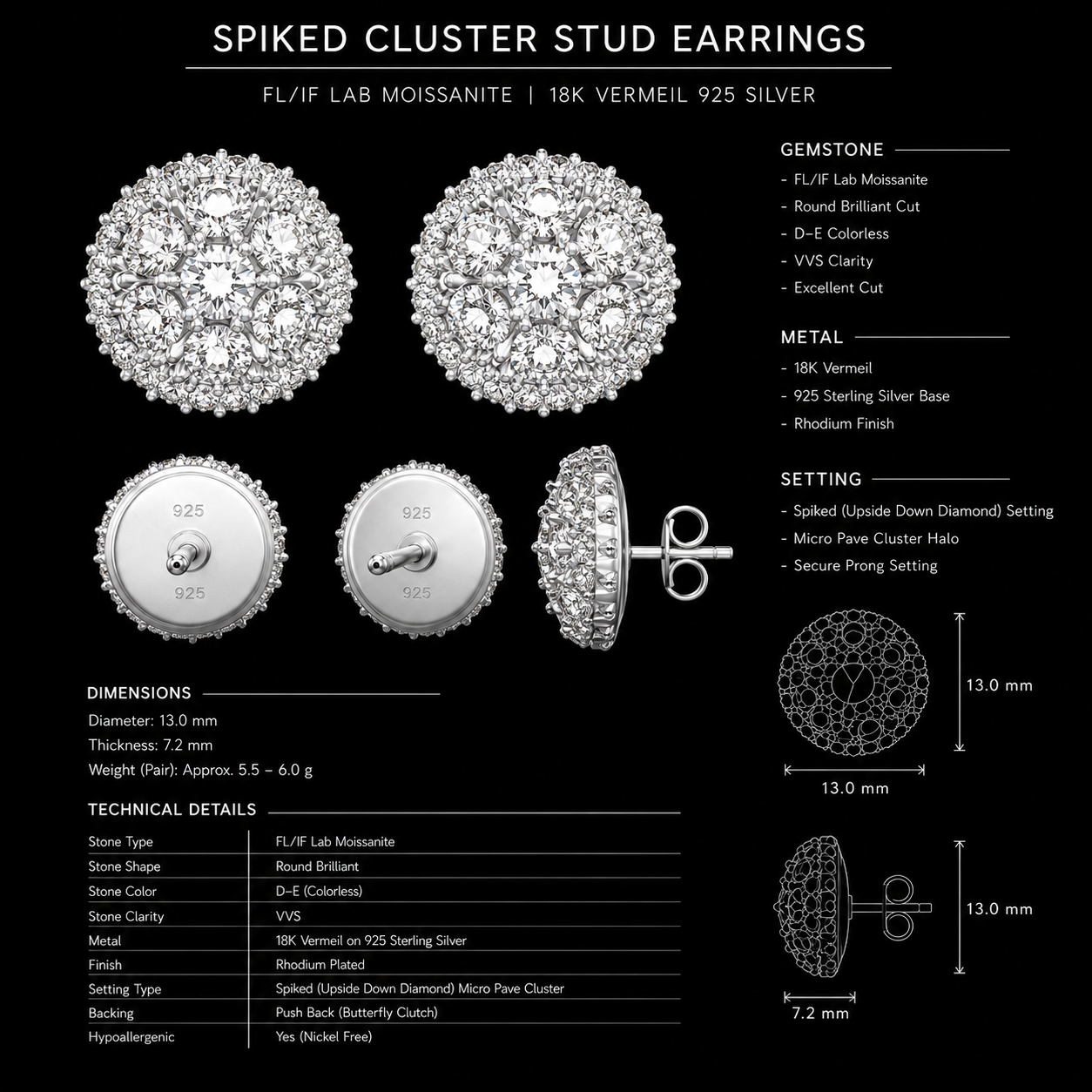 Gelati Limited | Spiked Diamonds Meteoric Earrings - FL-IF Lab Moissanite Diamonds - 925 Sterling Silver & 18k Vermeil Gold