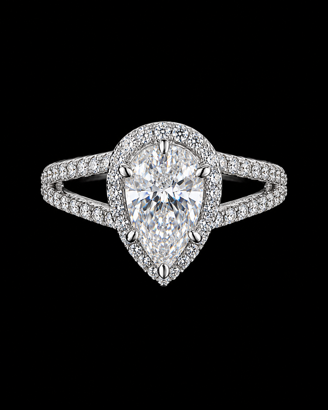 Ark Halo Pear Cut FL–IF Moissanite Diamond Ring – 925 Silver / 18K Vermeil White Gold