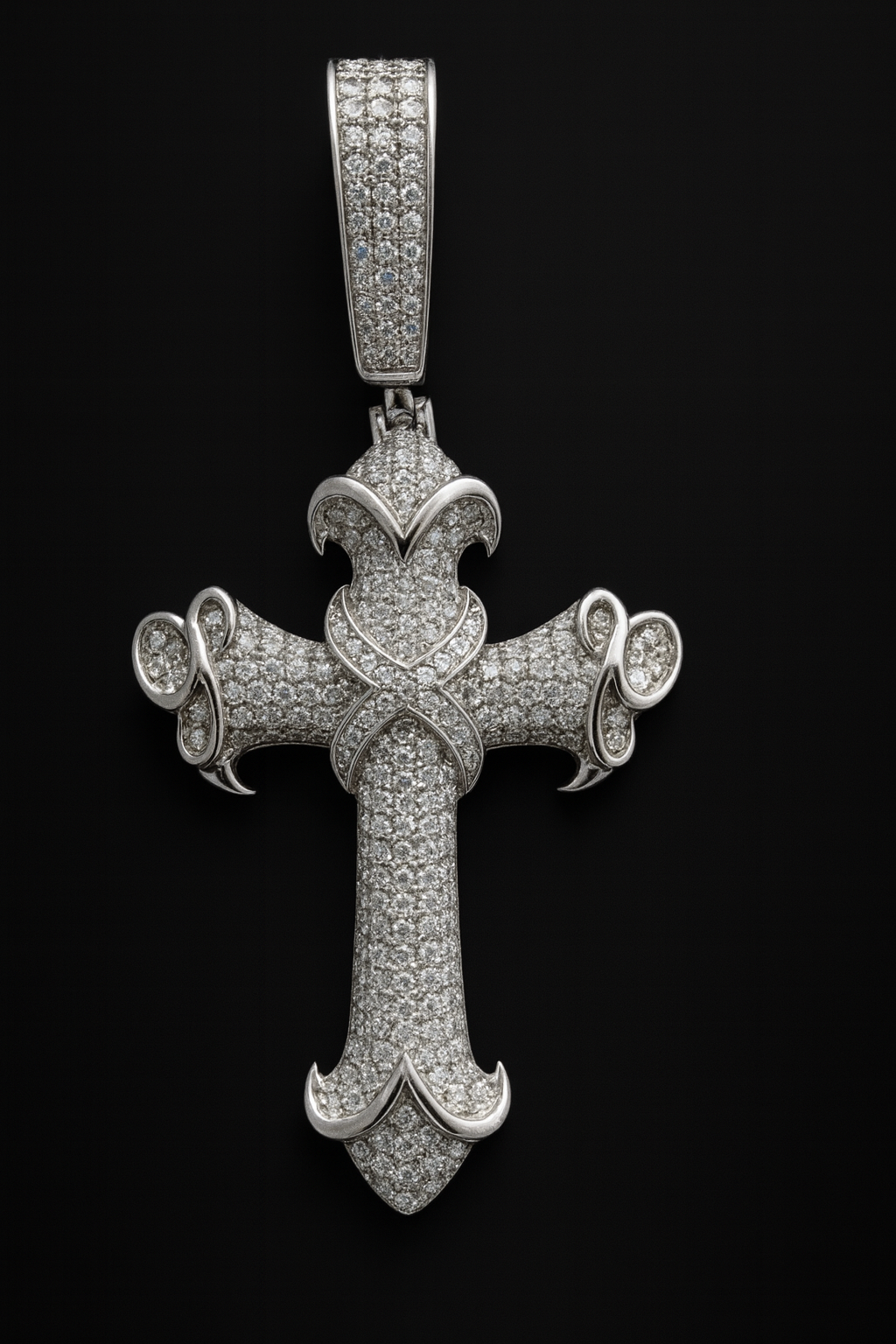 Gelati's Bespoke Inifinity Baroque FL -IF Lab Moissanite Diamond Cross Pendant in Solid 925 Sterling Silver & 18k Vermeil White Gold Inlay + Free Silver Rope Chain Included