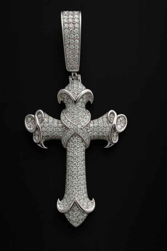 Gelati's Bespoke Inifinity Baroque FL -IF Lab Moissanite Diamond Cross Pendant in Solid 925 Sterling Silver & 18k Vermeil White Gold Inlay + Free Silver Rope Chain Included