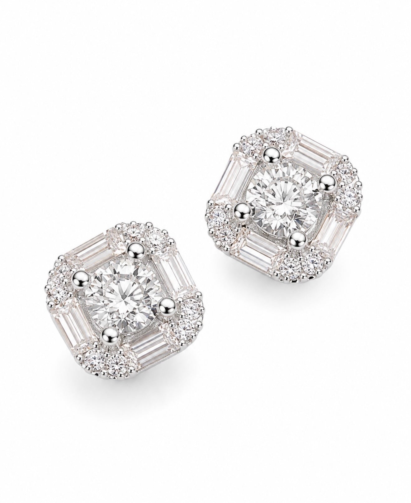 GELATI’S BESPOKE 8MM ASCHER CUT & BAGUETTE’S HALO FL-IF LAB MOISSANITE DIAMOND EARRINGS IN SOLID 925 SILVER & 18K VERMEIL GOLD