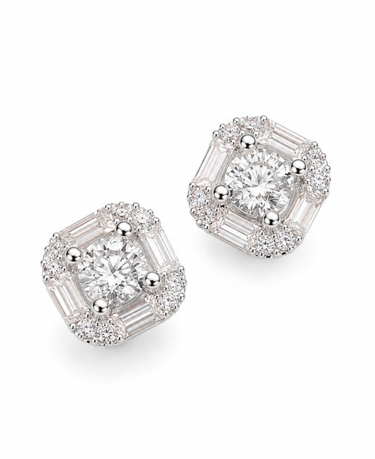 GELATI’S BESPOKE 8MM ASCHER CUT & BAGUETTE’S HALO FL-IF LAB MOISSANITE DIAMOND EARRINGS IN SOLID 925 SILVER & 18K VERMEIL GOLD