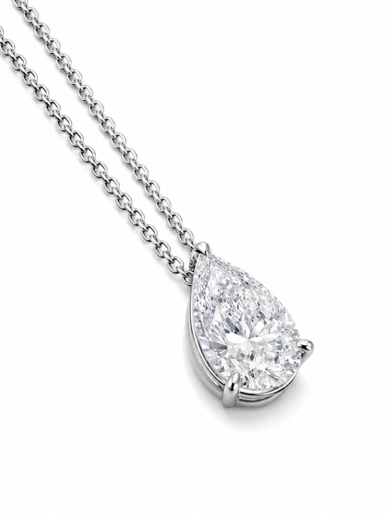 “CELESTE” PEAR CUT DIAMOND NECKLACE – 3CTW FL-IF MOISSANITE 925 SILVER & 18K WHITE VERMEIL