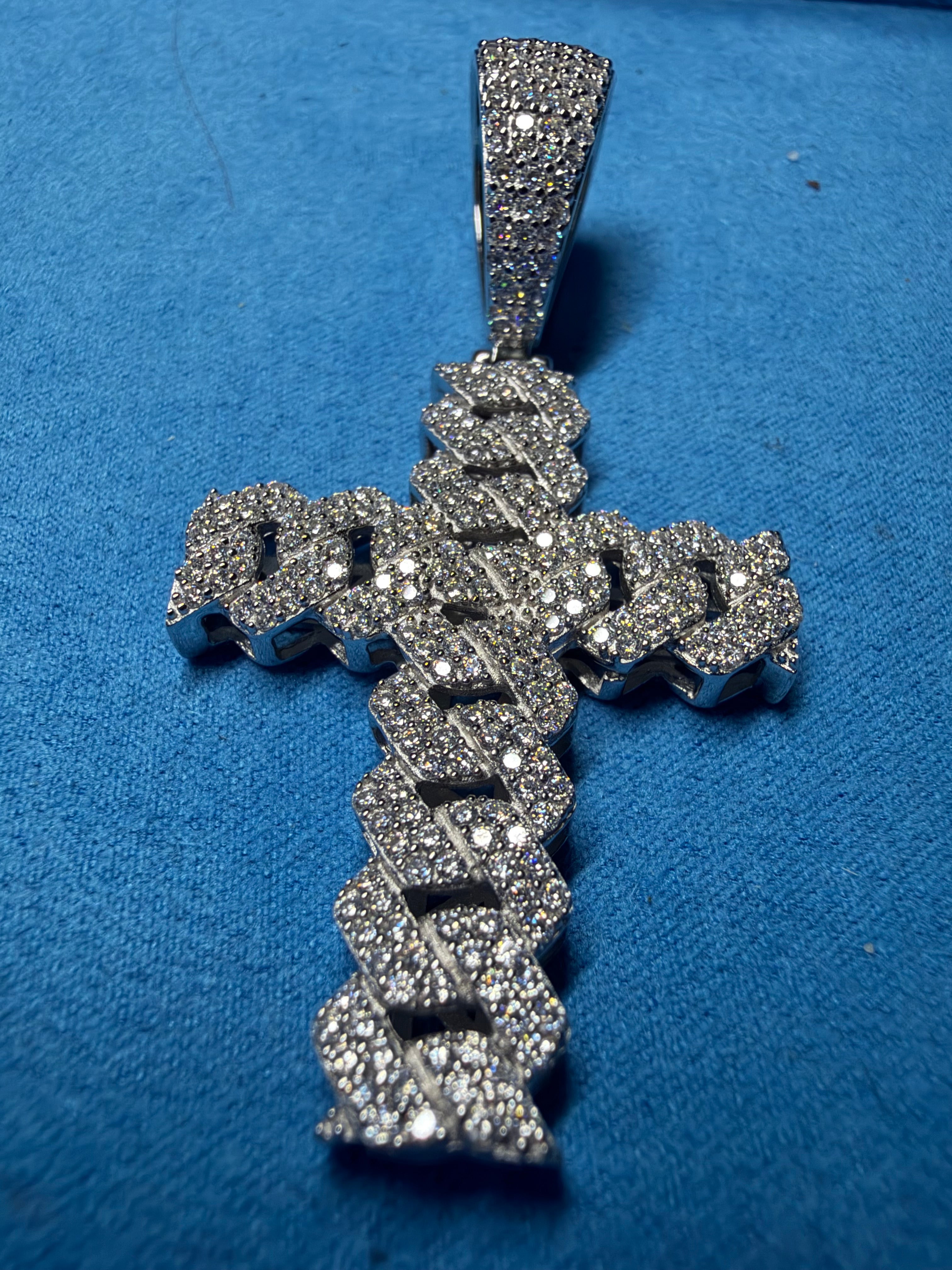 Gelati's Custom Miami Link FL-IF Lab Moissanite Diamond Cross Pendant in 925 Sterling Silver & 18k Vermeil Gold + Free silver chain included