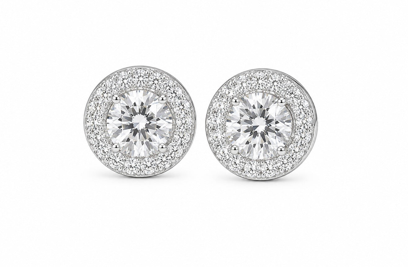 GELATI’S GLACIAL HALO DVVS1 / FL-IF SOLITAIRE CUT DIAMOND EARRINGS IN 925 STERLING SILVER & 18K VERMEIL GOLD