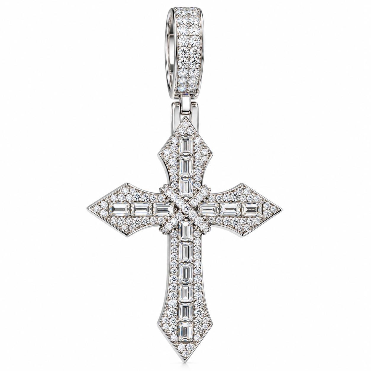 GELATI X BAGUETTE DIAMOND CROSS PENDANT | FL-IF Moissanite | Solid 925 Sterling Silver | 18K Vermeil Gold | Rope Chain Included