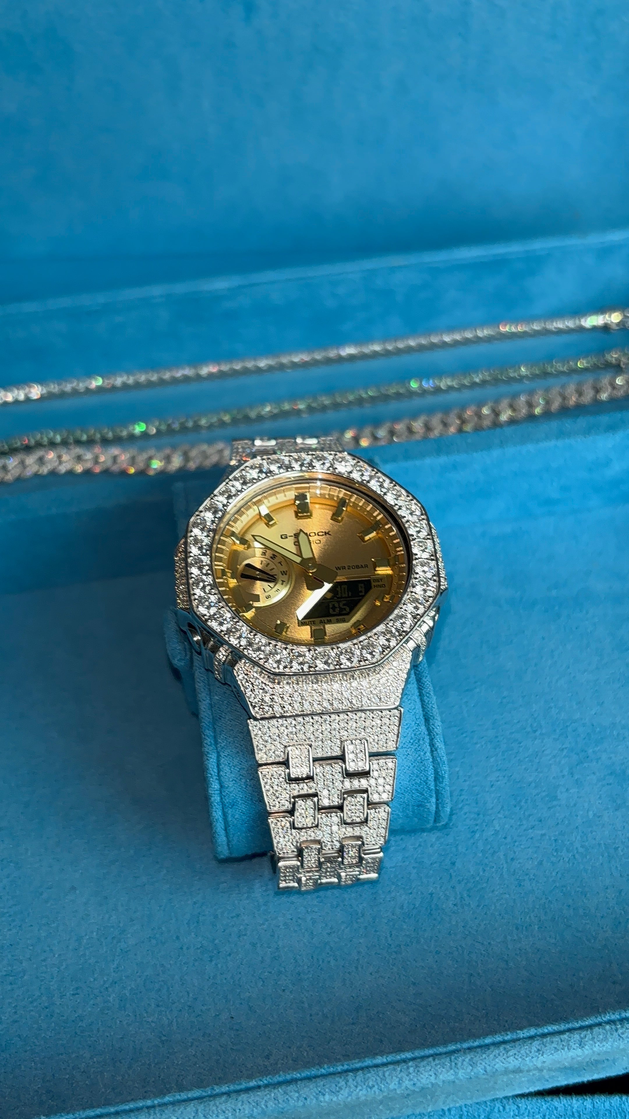 Gelati's Custom BussDown 35 CT G-shock In FL-Flawless Lab Moissanite Diamonds & Solid 925 Sterling silver and 18k Vermeil Gold - Limited Gold Dial Edition