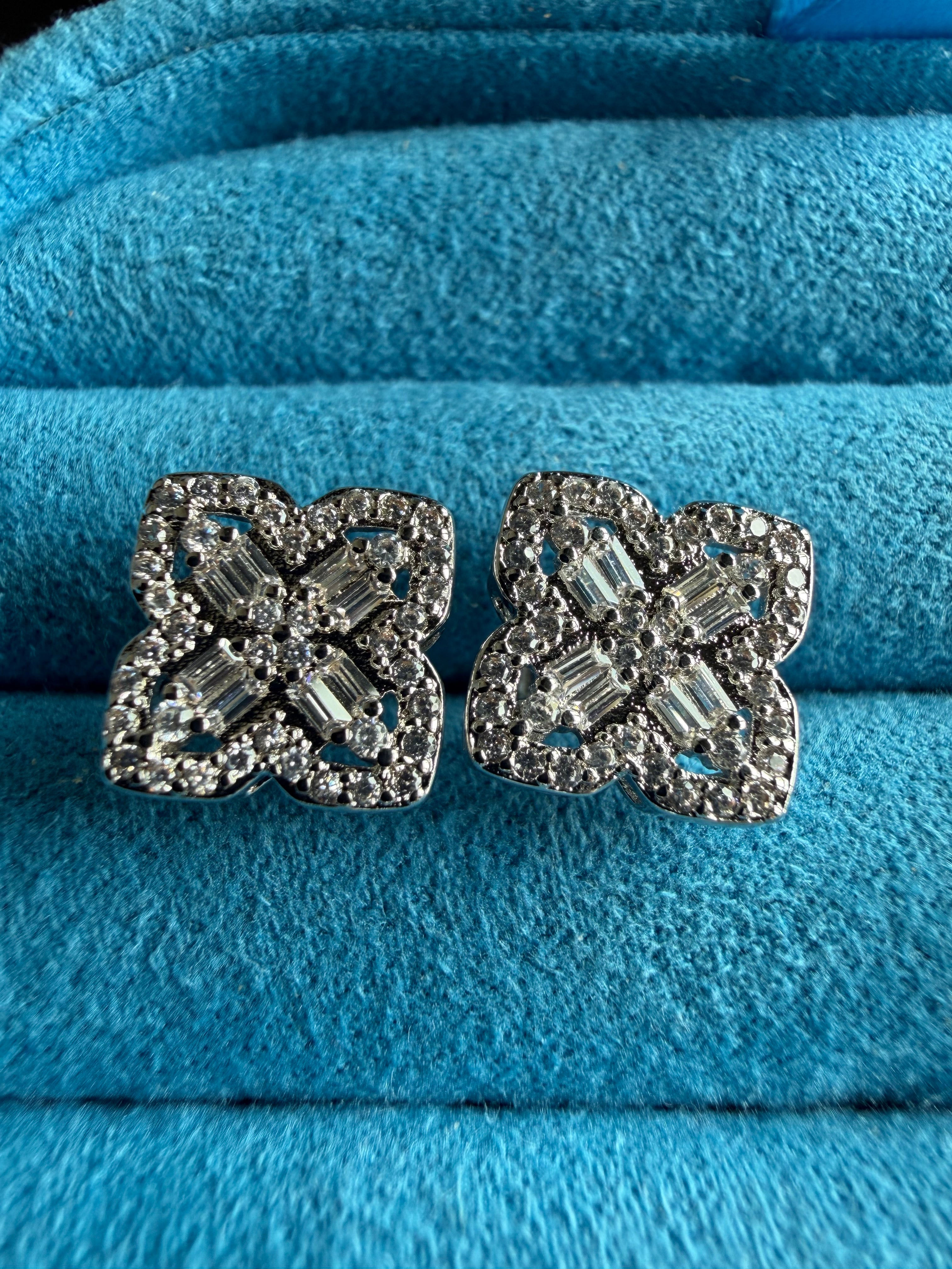 Gelati's FL-IF Lab Moissanite Diamond Baguette Clover Earrings in 925 Sterling Silver & 18K Vermeil White Gold