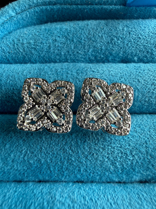 Gelati's FL-IF Lab Moissanite Diamond Baguette Clover Earrings in 925 Sterling Silver & 18K Vermeil White Gold