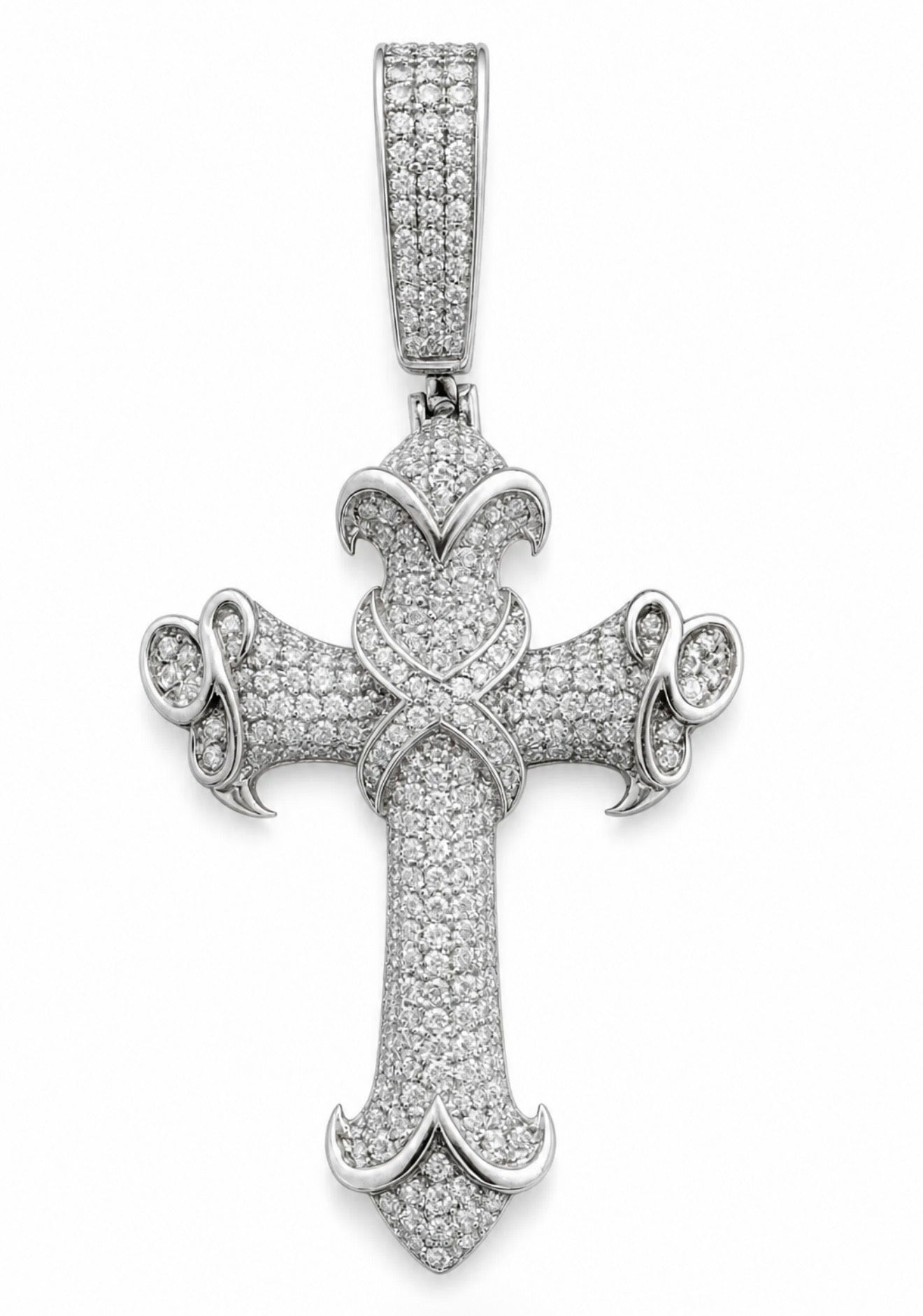 INFINITY CUSTOM BAROQUE CROSS PENDANT – FL–IF MOISSANITE, 925 SILVER & 18K WHITE VERMEIL