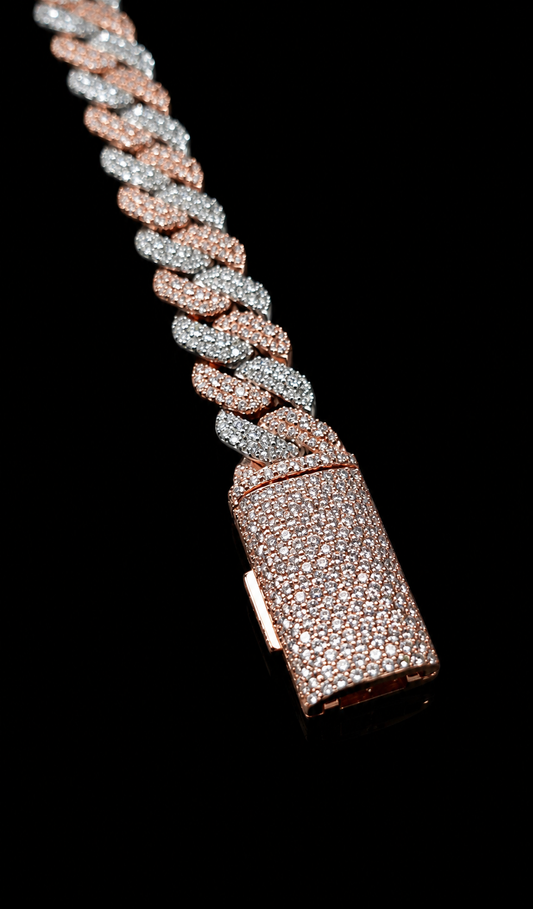 Signature Mosaic Tri Row Setting Two Tone Cuban Bracelet – 12CTW FL-IF Moissanite, 925 Silver & 18K Vermeil (14MM)
