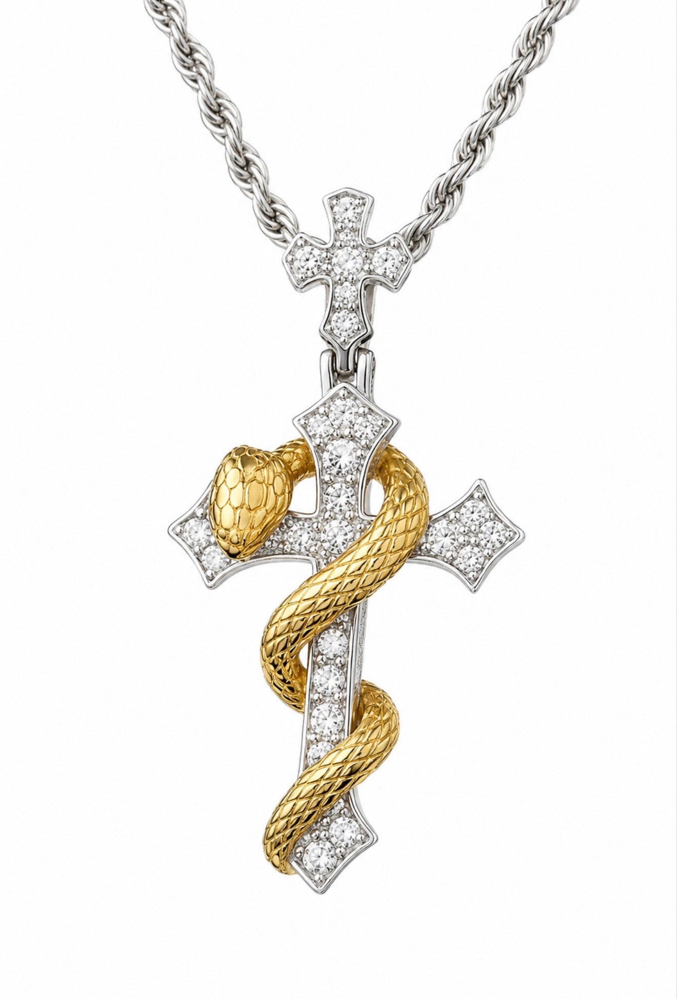 GOLDEN VIPER CROSS PENDANT – FL–IF MOISSANITE, 925 SILVER & 18K VERMEIL