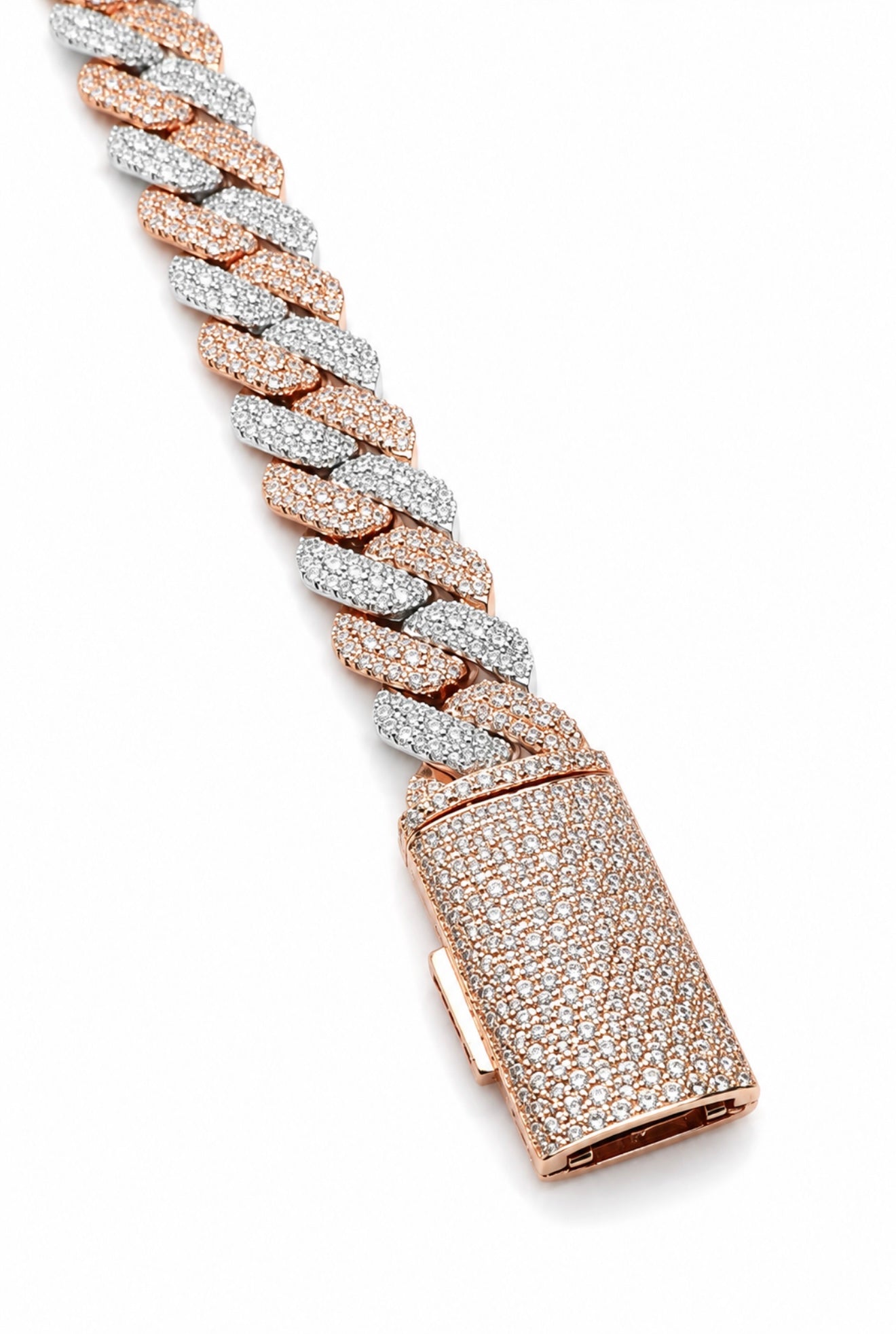 SIGNATURE MOSAIC TRI ROW SETTING TWO TONE CUBAN BRACELET – 12CTW FL-IF MOISSANITE, 925 SILVER & 18K VERMEIL
