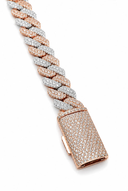 SIGNATURE MOSAIC TRI ROW SETTING TWO TONE CUBAN BRACELET – 12CTW FL-IF MOISSANITE, 925 SILVER & 18K VERMEIL