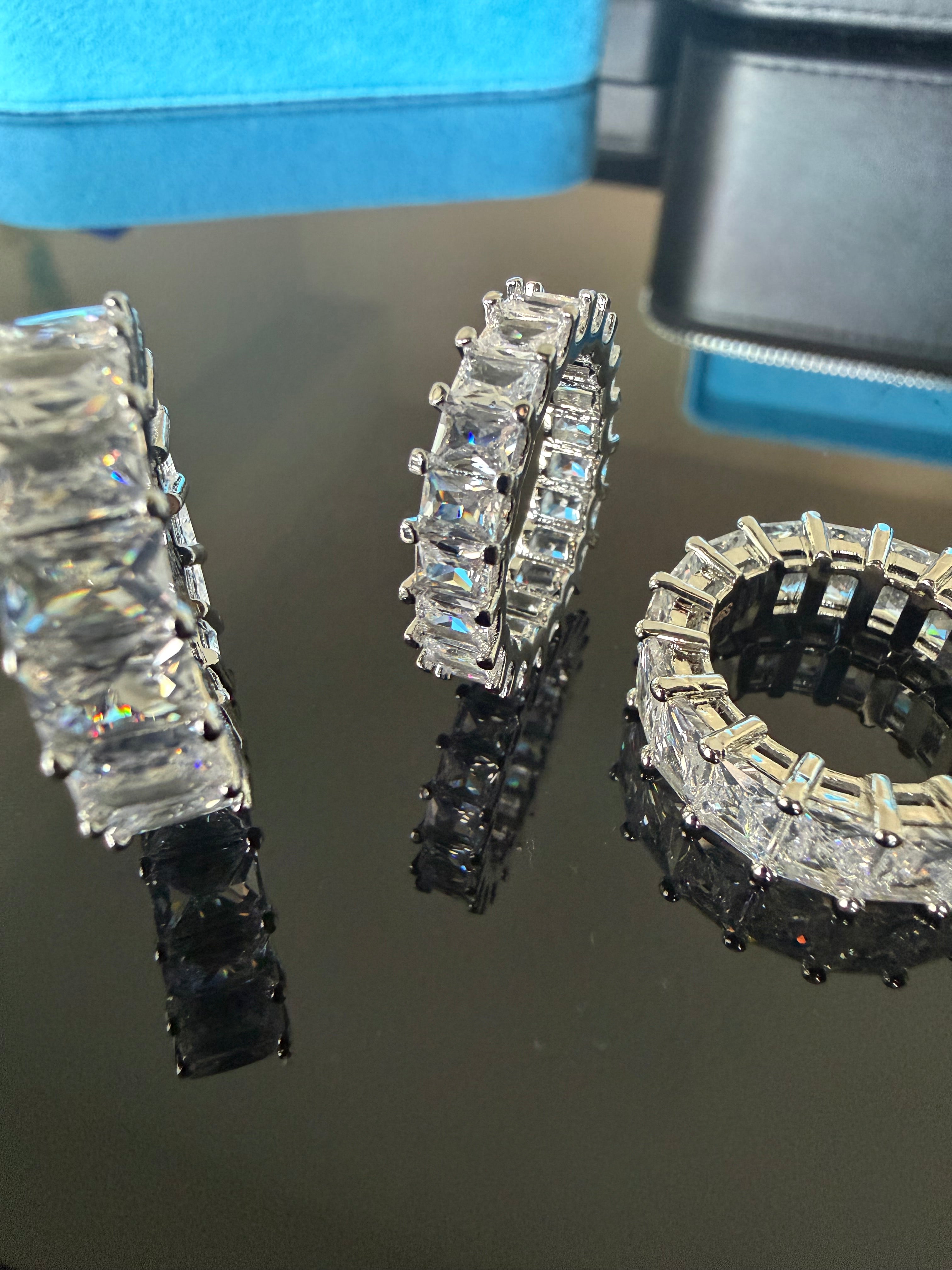 Gelati's Baguette Emerald Cut DVVS1/CB Lab Moissante 3MM Eternity Ring in 925 Sterling Silver & 14k White Vermeil Gold Inlay