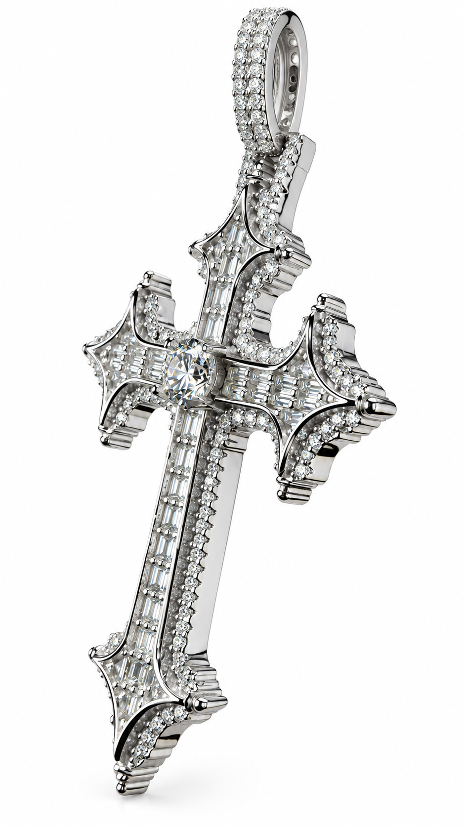 THE LAST SAINT BAGUETTE CROSS | FL-IF LAB MOISSANITE DIAMONDS IN 925 STERLING SILVER & 18K VERMEIL GOLD