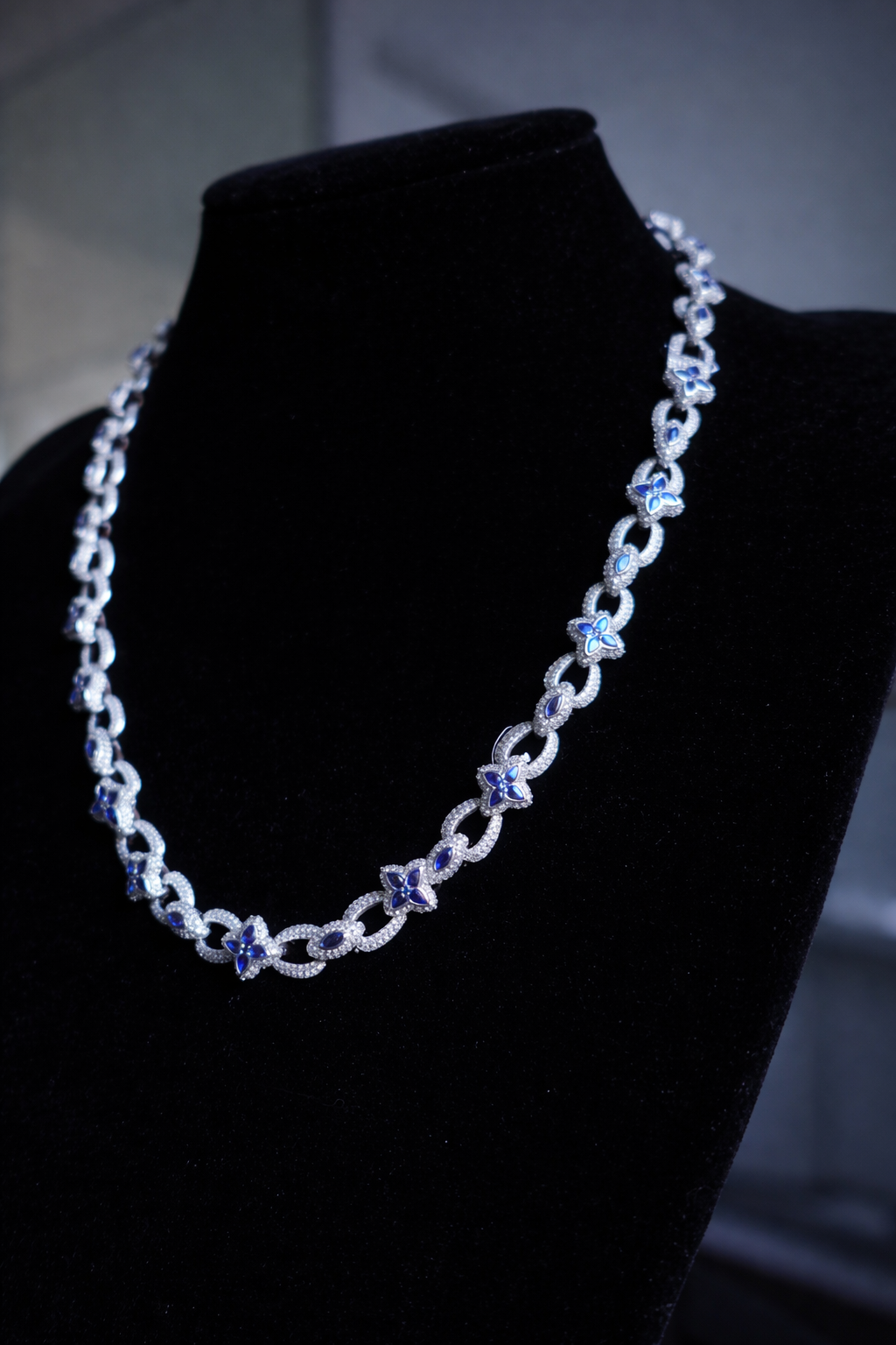 Gelati's Bespoke Sapphire & FL-IF Lab Moissanite / CB Diamond Clover Cuban Necklace In Solid 925 Sterling Silver & 18k Vermeil Gold Inserts