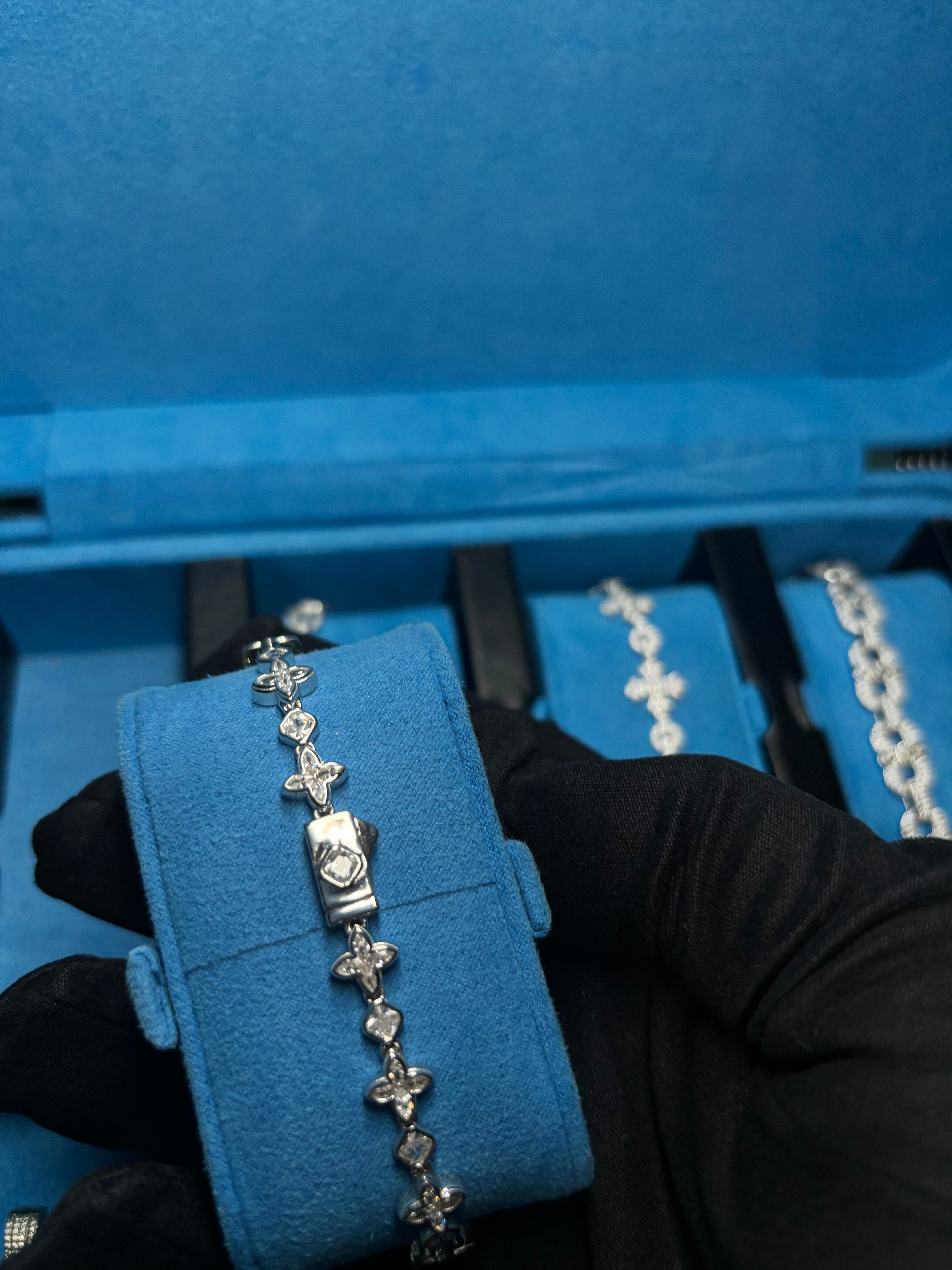 Gelati's FL-IF Baguette Bespoke Clover Lab Moissanite Diamond Custom Lock Bracelet in solid 925 Sterling Silver & 18k Vermeil Gold