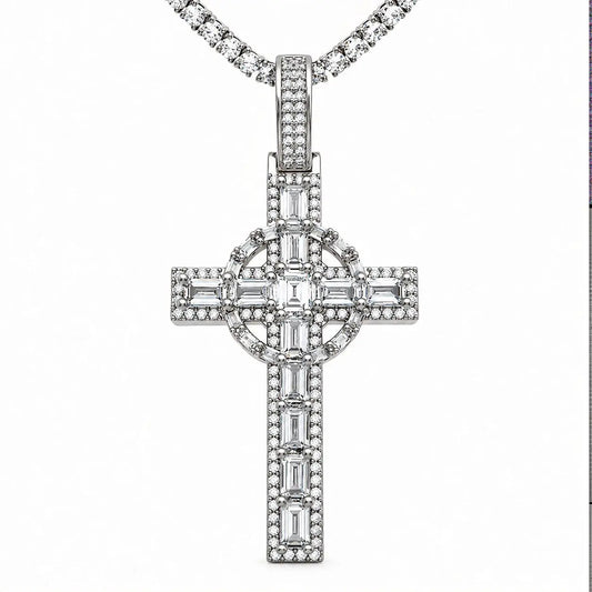 GELATI RETRIBUTION BAGUETTE DIAMOND CROSS PENDANT | FL-IF Moissanite | Solid 925 Sterling Silver | 18K Vermeil Gold