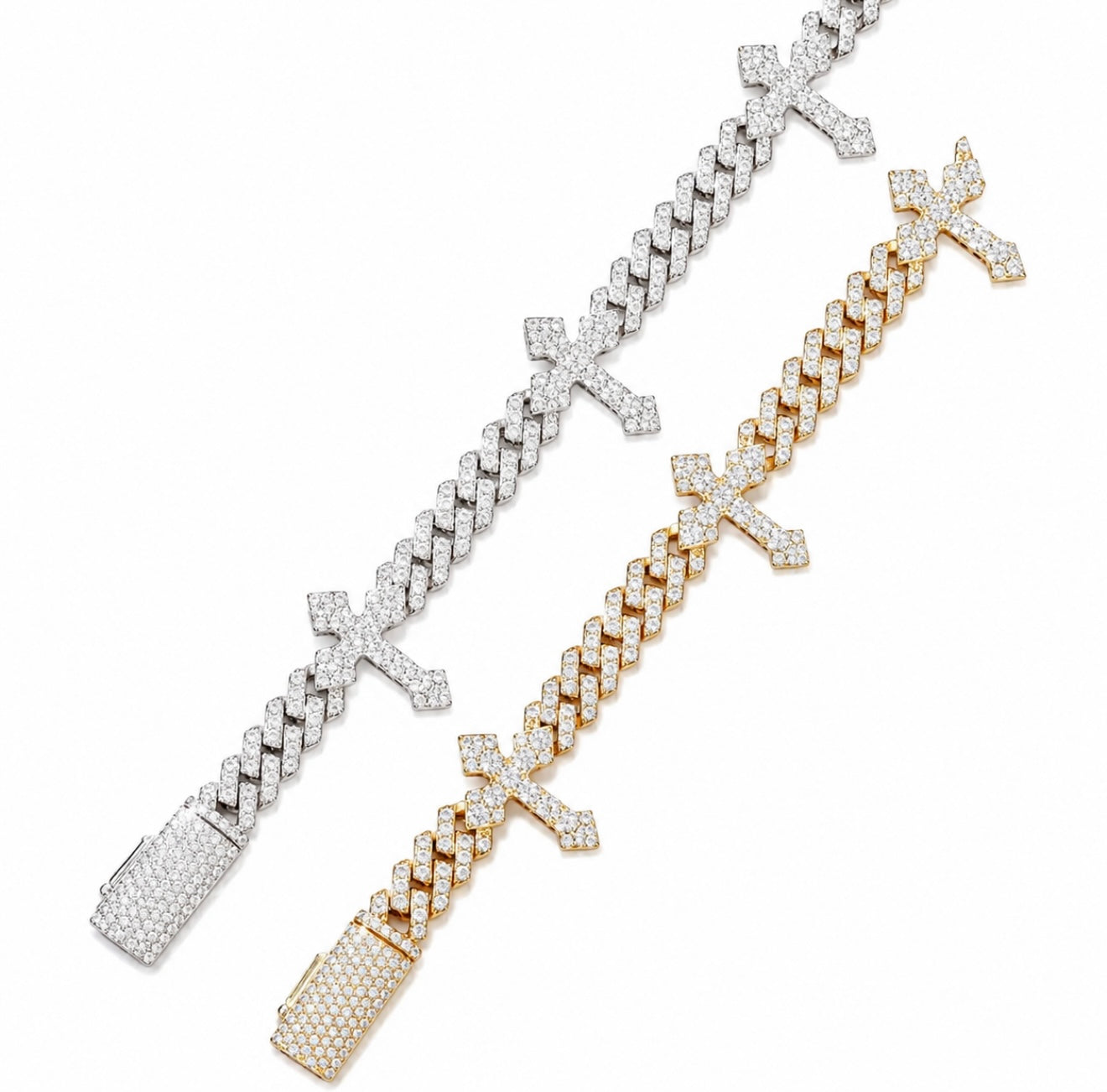 GELATI’S ULTRA THIN 6MM DIAMOND SOLITAIRE CROSS CUBAN BRACELET WITH 18K VERMEIL GOLD INSERTS
