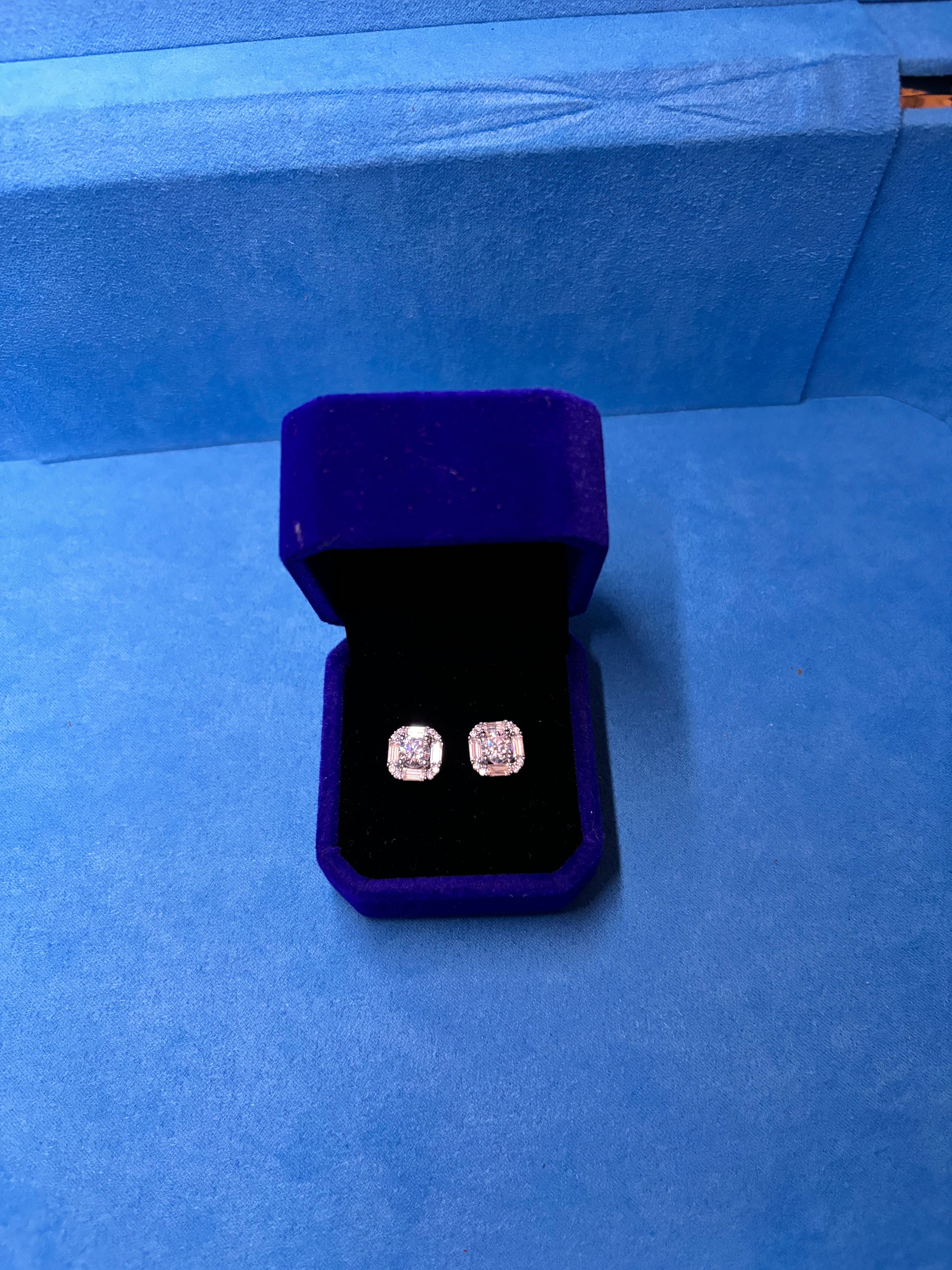 Gelati's Bespoke 8MM Ascher Cut & Baguette's Halo FL-IF Lab Moissanite Diamond Earrings in solid 925 Silver & 18k Vermeil Gold