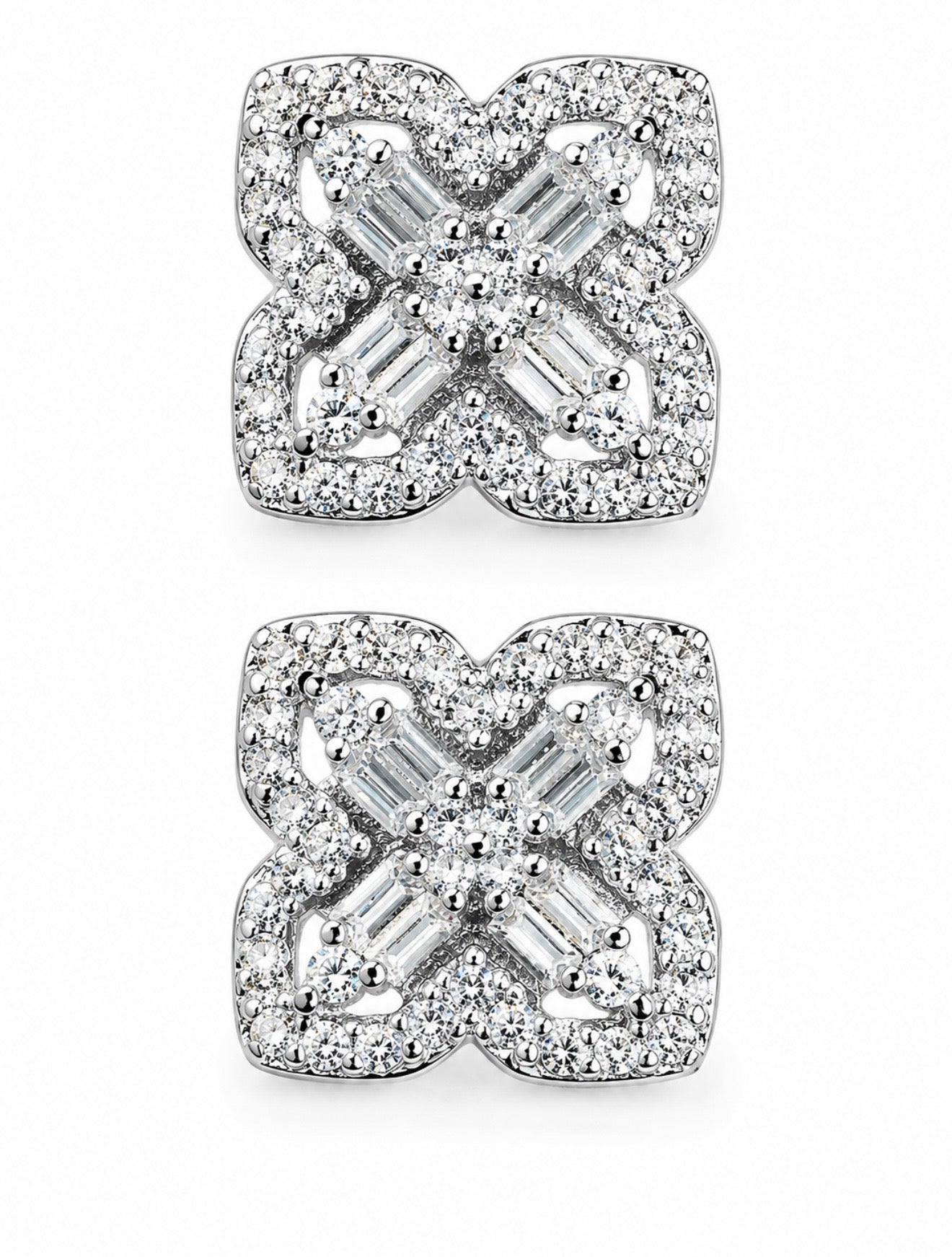 BAGUETTE CLOVER EARRINGS – FL-IF MOISSANITE, 925 SILVER & 18K WHITE VERMEIL