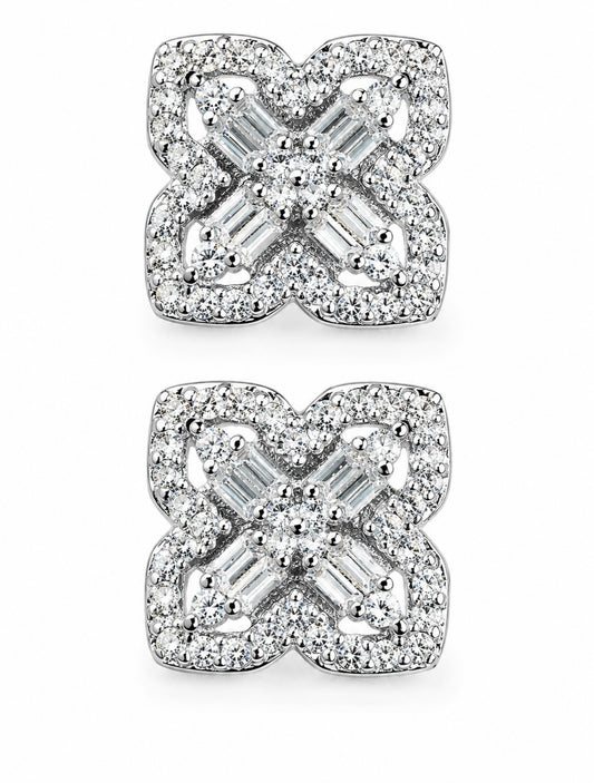 BAGUETTE CLOVER EARRINGS – FL-IF MOISSANITE, 925 SILVER & 18K WHITE VERMEIL