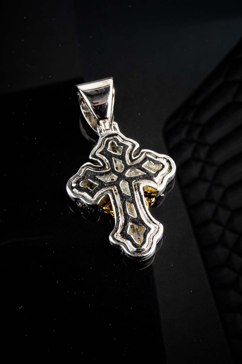 Gelati's "Prey On The Weak" V2 Baguette Setting CB Diamond Pendant In Solid Titanium & 18 Vermeil Gold Inlay + Free Silver 3mm Rope Chain
