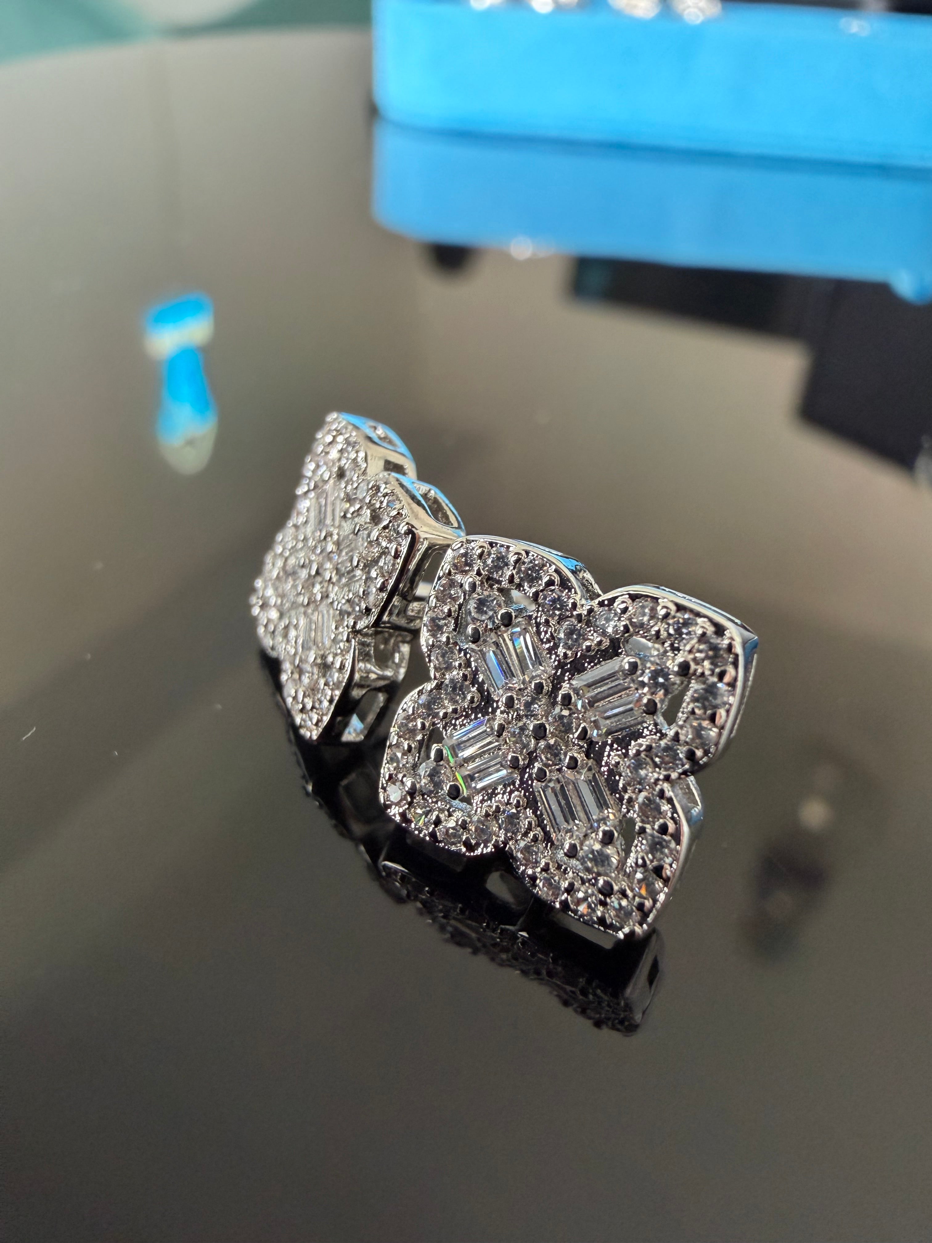 Gelati's FL-IF Lab Moissanite Diamond Baguette Clover Earrings in 925 Sterling Silver & 18K Vermeil White Gold